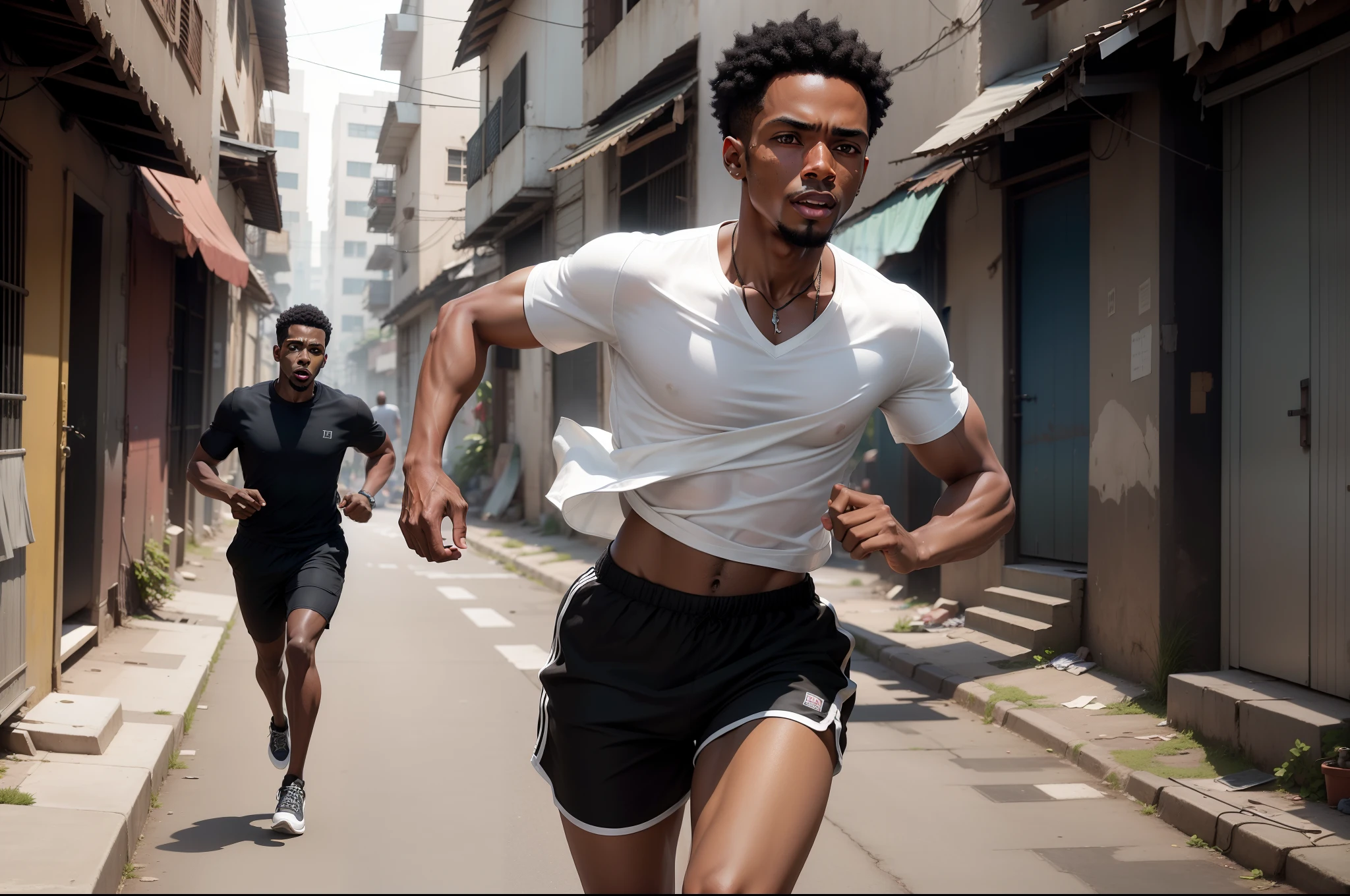Ultra realistic 8k image of a slim 25-year-old black man, very short black hair, dressed in a casual white blouse and black shorts, desperate expression, running through an alley in a slum
