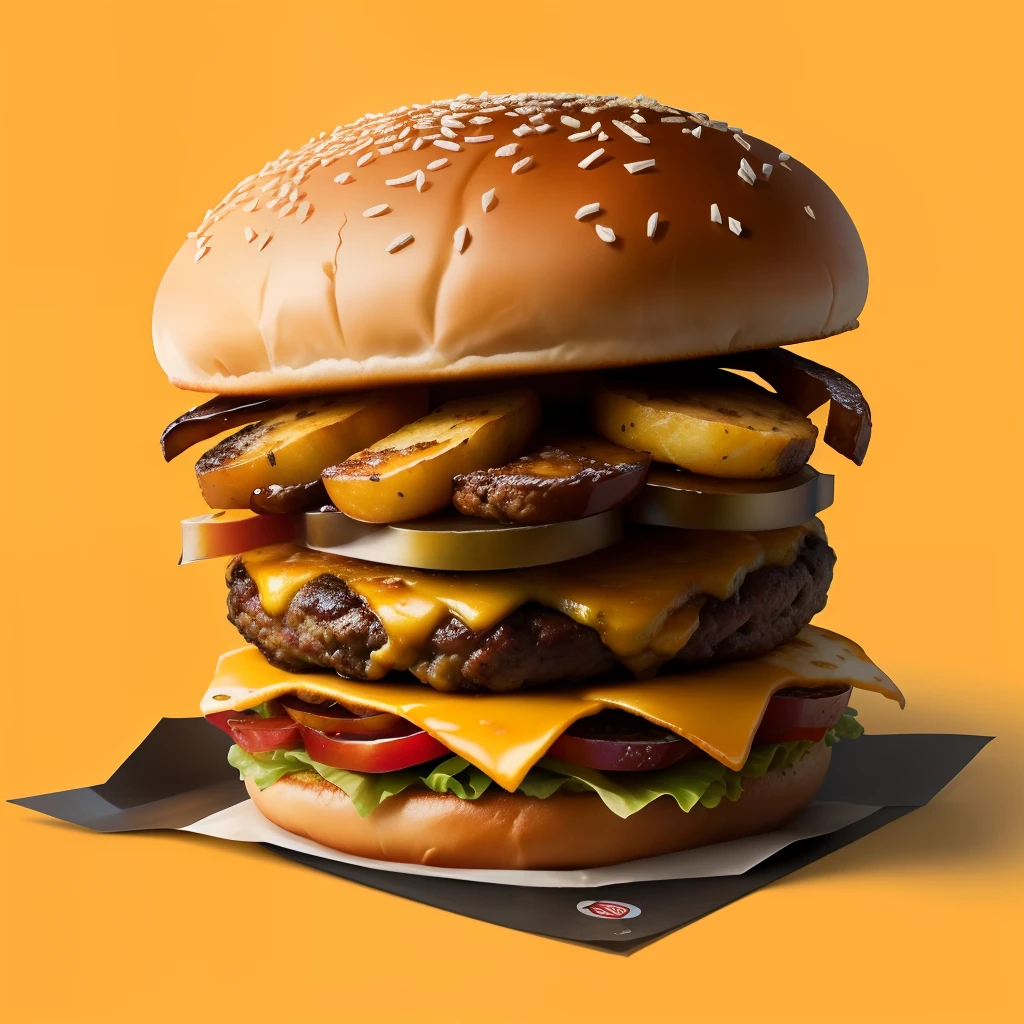 An advertising flyer with a burger full of potatoes and sauce, em uma mesa de madeira, fundo preto, com batatas fritas a voar. Realista e com qualidade 8k