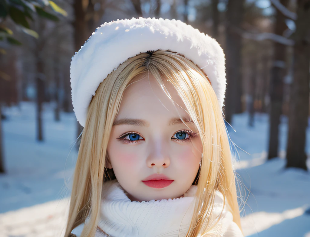 Blonde girl with blue eyes wearing a white hat and scarf, lindo bonito, menina bonita, bonito bonito, longos cabelos loiros e olhos grandes, cabelos loiros e olhos grandes, painting digital adorable, longos cabelos loiros e olhos grandes, princesa de inverno, olhos azuis e cabelos loiros, belos olhos enormes, menina bonito, cabelos loiros e olhos azuis, portrait of nordic girl