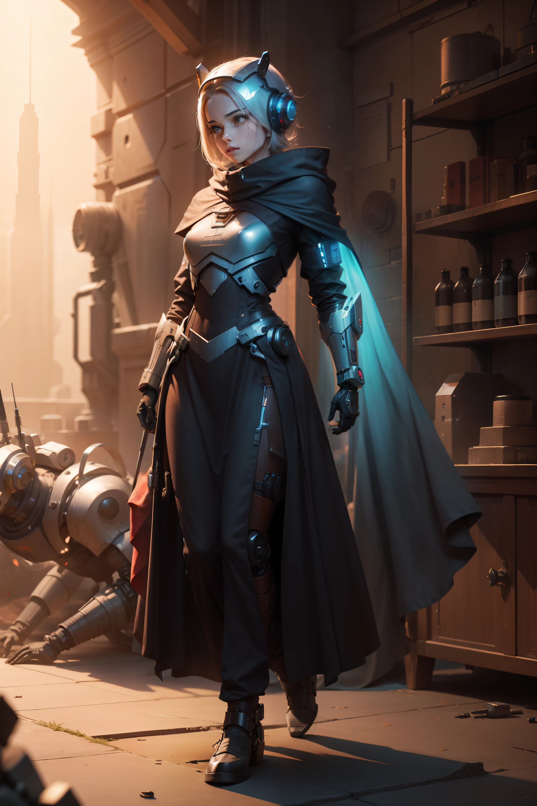 without cloak, sci fi headpiece, robot cores on body