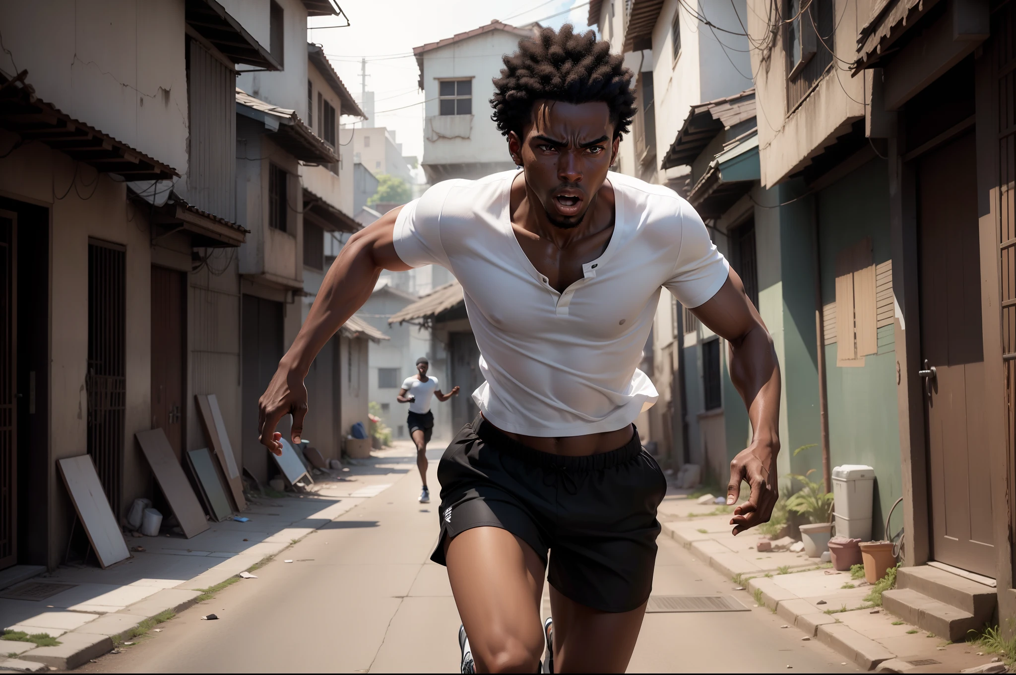 Ultra realistic 8k image of a slim 25-year-old black man, short black hair, dressed in a casual white blouse and black shorts, desperate expression, running through an alley in a slum