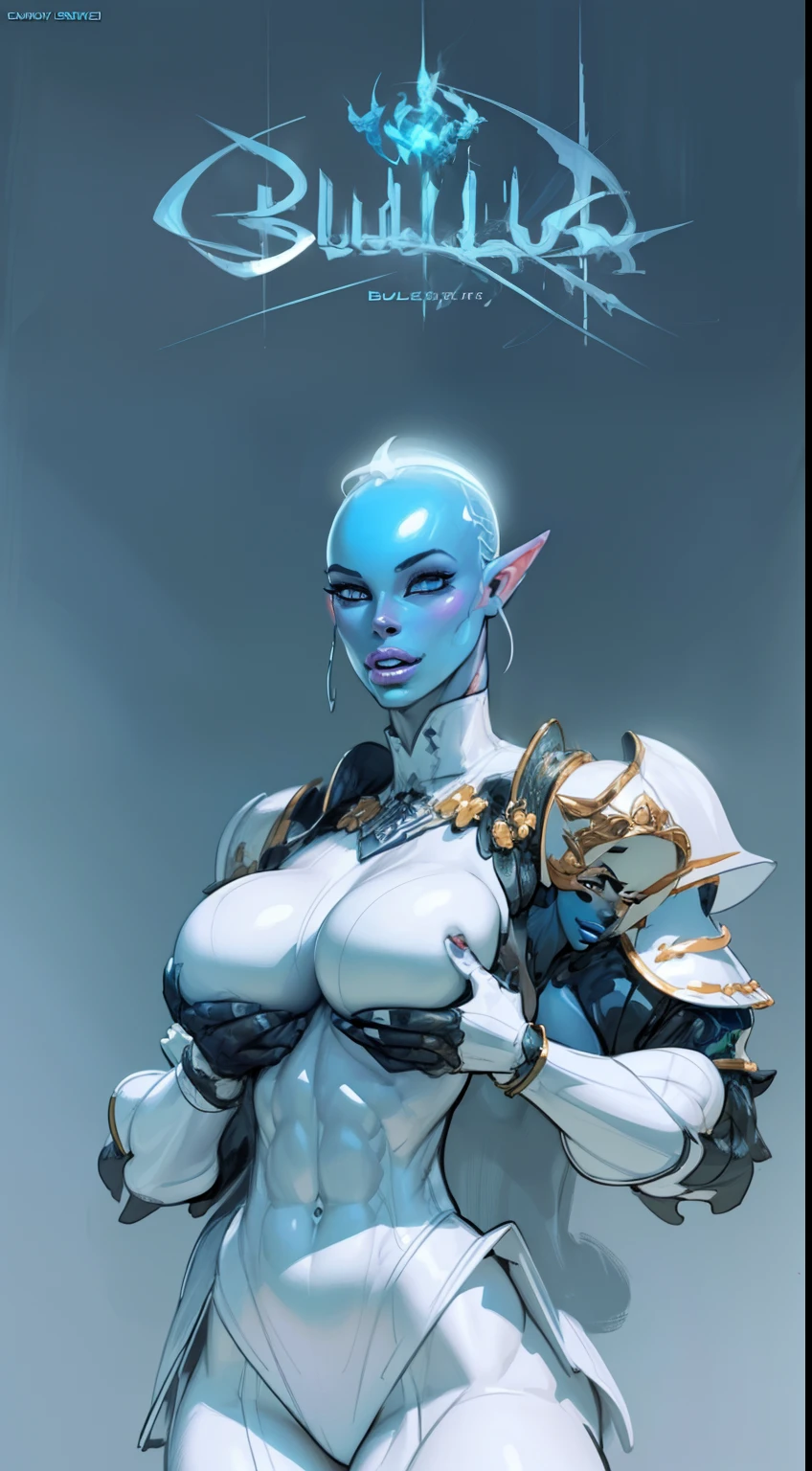 (((1girl:1.8))), ((bulky woman:1.5)) sehele style, anime style, (((dark elf))) (((blue skin:1.5))) (((smoldering eyes))), ((bald:1.5)), ((no hair:1.5)), 8k, 4k, Unreal Engine 5, octane render, trending on pixiv, ((huge shoulder pads:1.7)) (wide shoulders:1.1), (large biceps:1.2), fanbox, skeb, (((white armor:1.5))), masterpiece, ((slendered abs:1.2)),(pressed breasts together:1.4), (full bodied), wide hips, (full lips:1.5), smooth soft skin, big dreamy eyes, beautiful anime wide eyes, soft lighting, concept art, digital painting,