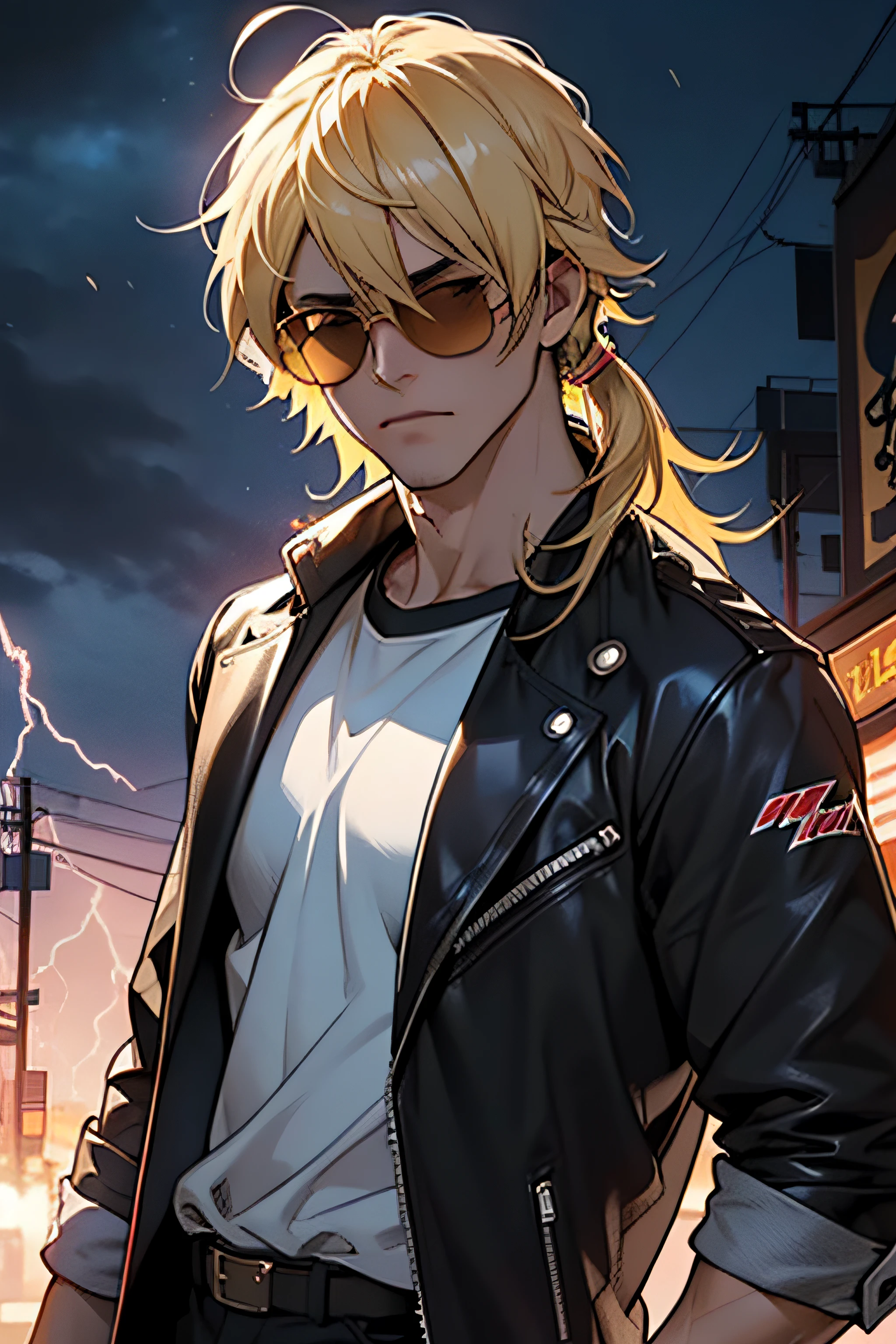 Thunder, Homem corpo adulto, ((cabelo blond)), roupas Satoru gojou, roupas escuras, ((sunglasses)), fundo neon, cabelo longo, mastigando chiclete, thunder around, bar, thunder, thunder ao redor