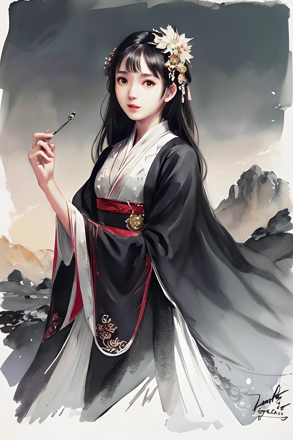 Stechu,(White background:1.4), (Tachie)), original,(illustratio:1.1),(Top image quality),(masterpiece:1.1),(Ultra detailed CG unified 8k wallpaper:1.1), (colourfull:0.9),(panoramic shot:1.4),(独奏:1.2), (Ink splashes),(color splashes),((watercolor paiting)), Clear Sharp Focus,{ 1 Girl Standing},((Korean style)),flowers background,plein air,boulders, looking at the viewers、make happy expressions、Soft smile、pure、Beautiful face and eyes、beautyfull intricacy clothing decorative pattern details、A dark-haired、black eyes、colorwater、the beach