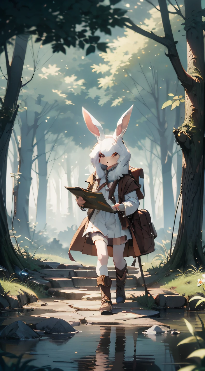 Classic negative portrait photo, fantasy video game character concept art, a cute white fluffy rabbit with a small brown leather backpack looking at a map hiking through the forest, dungeons and dragons, fantasy, river, haze, halo, Bloom, dramatic atmosphere, dark fantasy film of the 1970s, centered, rule of thirds