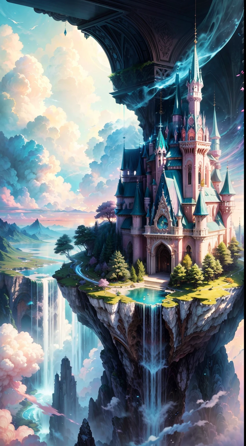 Envision a mesmerizing scene of a magnificent realm of romantic dreams. The environment is filled with intricate floating islands, fluffy clouds, waterfalls cascading from the floating islands, and a vibrant, surreal atmosphere. The atmosphere is filled with a sense of wonder and tranquility. Include many shades of pink in the image along with other vibrant jewel-toned hues. This scene will be depicted in an anime-style illustration, with soft lines, pastel colors, and a whimsical touch. All buildings are extremely detailed and elegant. The artwork will capture the ethereal beauty and tranquility of the dreamlike realm, creating a sense of harmony and escape from the ordinary world. Include teal water, colorful watercolor skies, glowing elements, and many small fantasy details including iridescence, expertly created majestic landscapes, and shimmer and glimmer. Above all else, this should look like a fantasy artwork.
