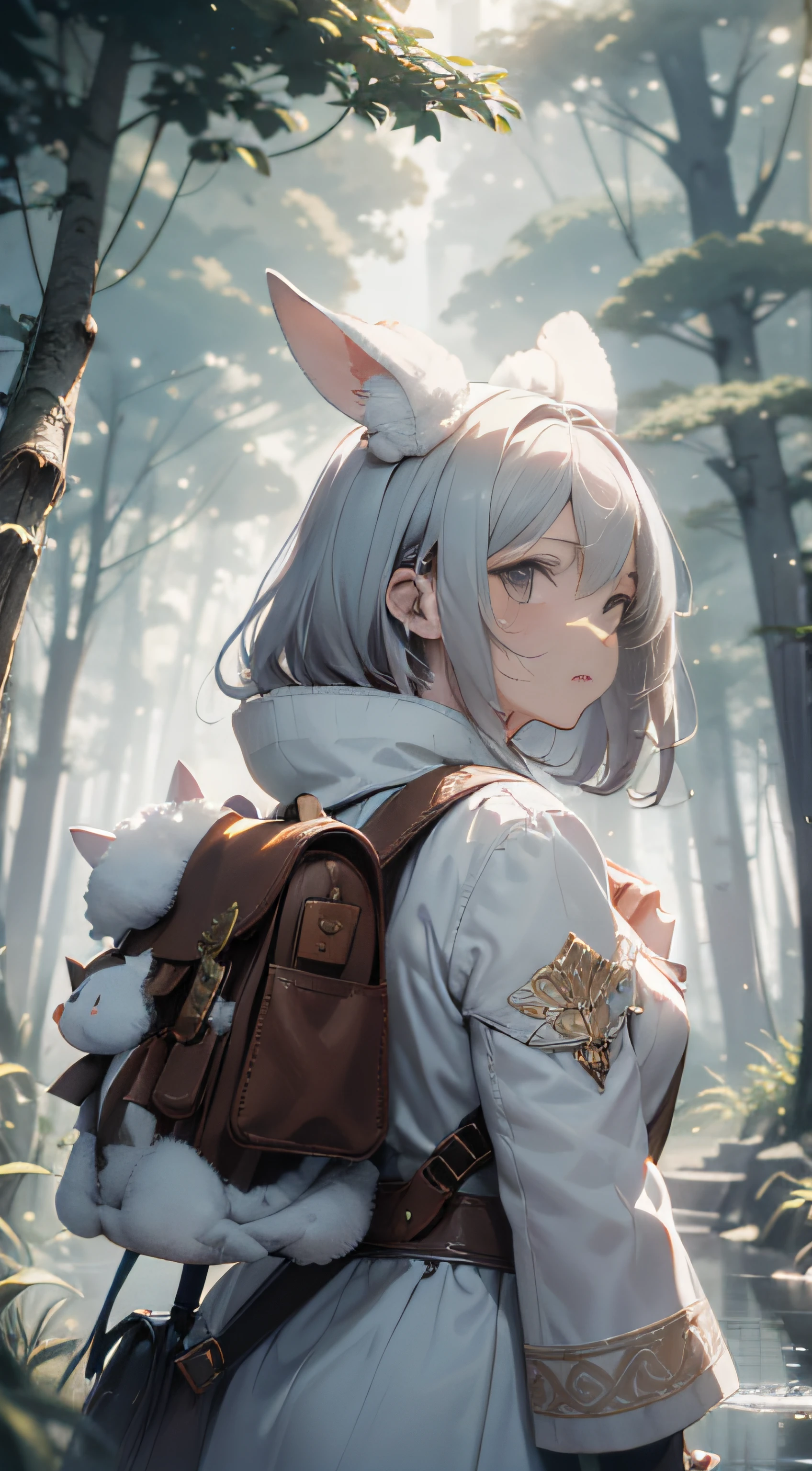 Classic negative portrait photo, fantasy video game character concept art, a cute white fluffy rabbit with a small brown leather backpack looking at a map hiking through the forest, dungeons and dragons, fantasy, river, haze, halo, Bloom, dramatic atmosphere, dark fantasy film of the 1970s, centered, rule of thirds