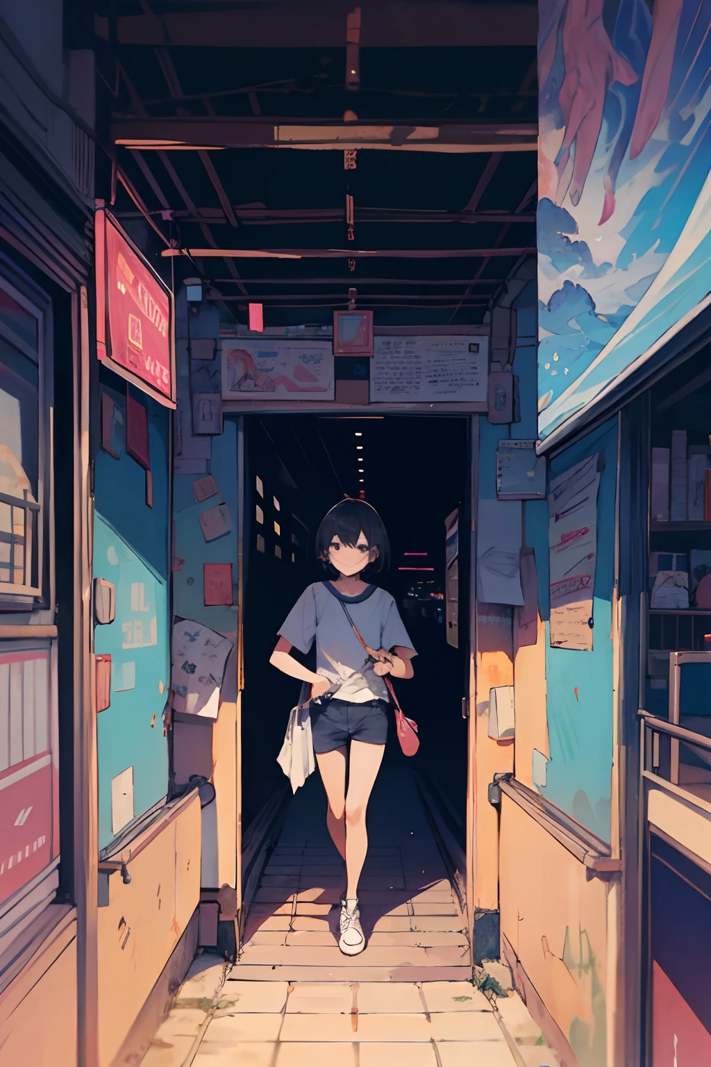 melhor qualidade, papel de parede 4K, obra-prima, extremamente detalhado CG unidade de papel de parede 8k, olhos extremamente detalhados, ultra-detalhado, detalhes intrincados, 1girl, estilo de arte retro, estilo de arte neon_pop, Public, ao ar livre, sinal de estrada, cidade steanpunk