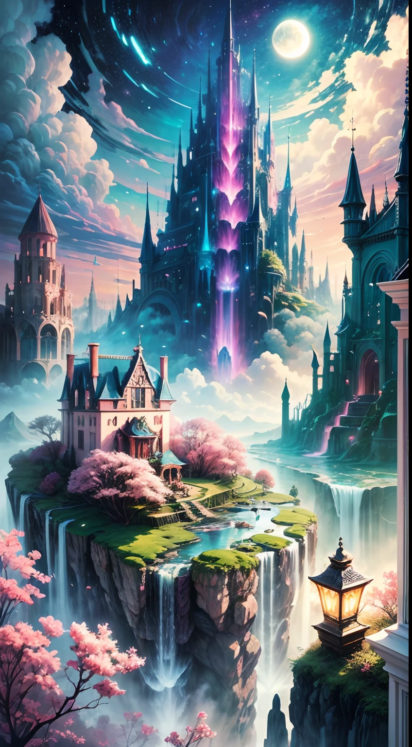 Envision a mesmerizing scene of a magnificent realm of romantic dreams. The environment is filled with intricate floating islands, fluffy clouds, waterfalls cascading from the floating islands, and a vibrant, surreal atmosphere. The atmosphere is filled with a sense of wonder and tranquility. Include many shades of pink in the image along with other vibrant jewel-toned hues. This scene will be depicted in an anime-style illustration, with soft lines, pastel colors, and a whimsical touch. All buildings are extremely detailed and elegant. The artwork will capture the ethereal beauty and tranquility of the dreamlike realm, creating a sense of harmony and escape from the ordinary world. Include teal water, colorful watercolor skies, glowing elements, and many small fantasy details including iridescence, expertly created majestic landscapes, and shimmer and glimmer. Above all else, this should look like a fantasy artwork.