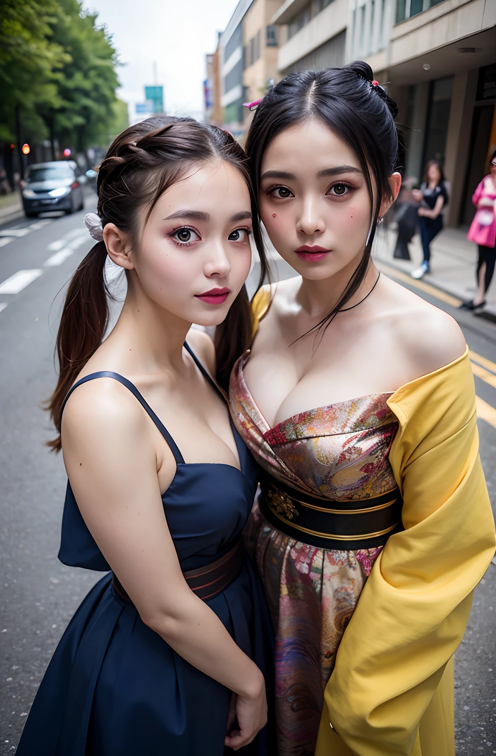 shukezouma, rendering by octane, hdr, (ultra - detailed:1.15), (Soft light, Sharp:1.2), (((duo,Two women in costume take selfies on the street,colorful pigtail, anime cosplaying,))),Beautiful girl, hyper detail eyes, mature, Painting drops, paint teardrops, woman made up from paint, entirely paint, splat, Splash, Long colored hair,Ultra-fine texture kimono, Paint kimono, paint bulb, Exposed cleavage, paint drops, Exposed shoulders, Tears,shoulders are visible, Thighs exposed, seminude, focus onface, Beautiful face, eye shadows, Dark circle contour, russian face, Russian girl, mascara, Beautiful, 18yr old