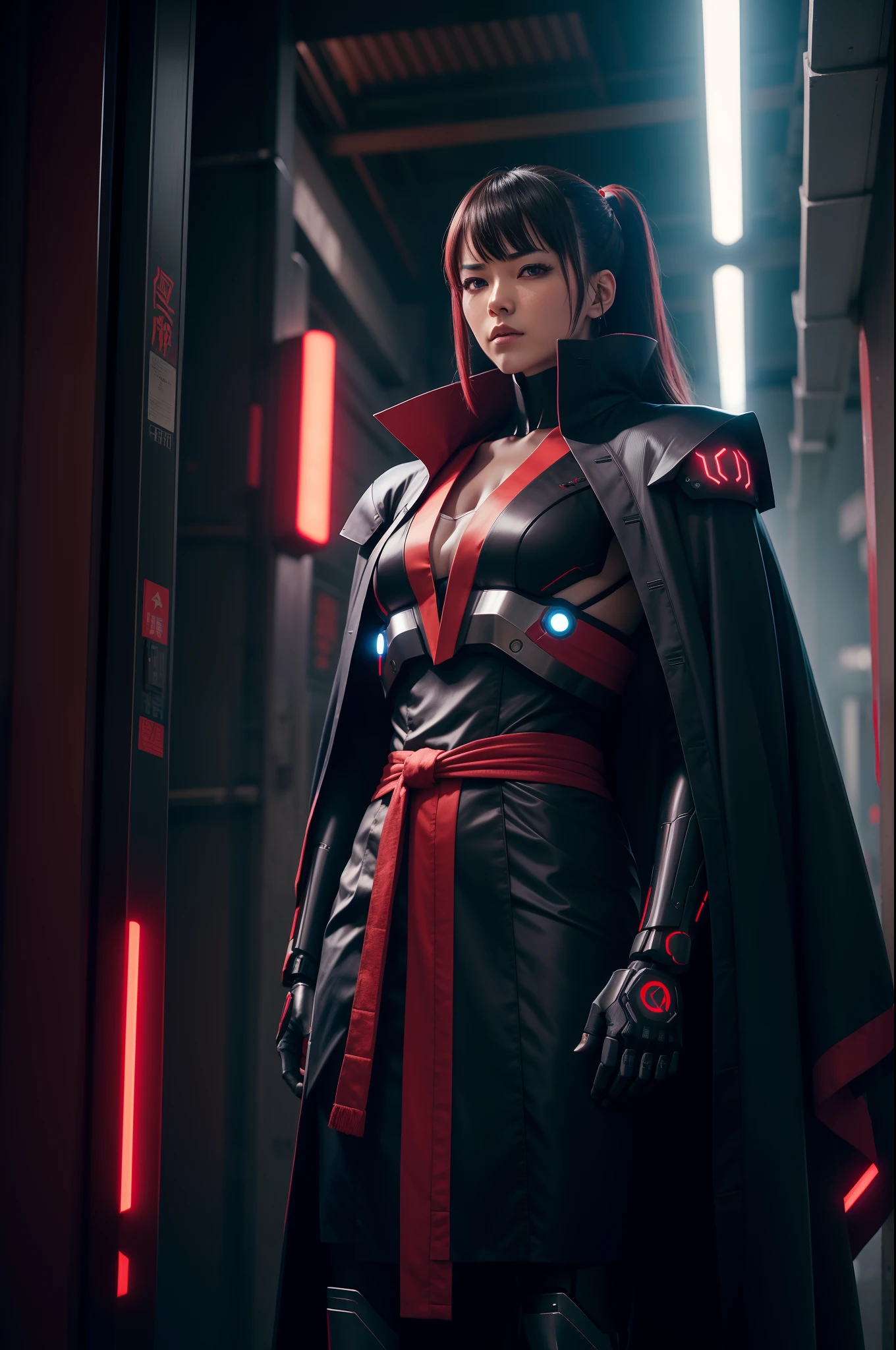 ((Nemesis)), cyberfusion, Shinsengumi Haori killer cyborg robot wearing robes red neon cape corporate logos, elite corporate security, cidade cyberpunk