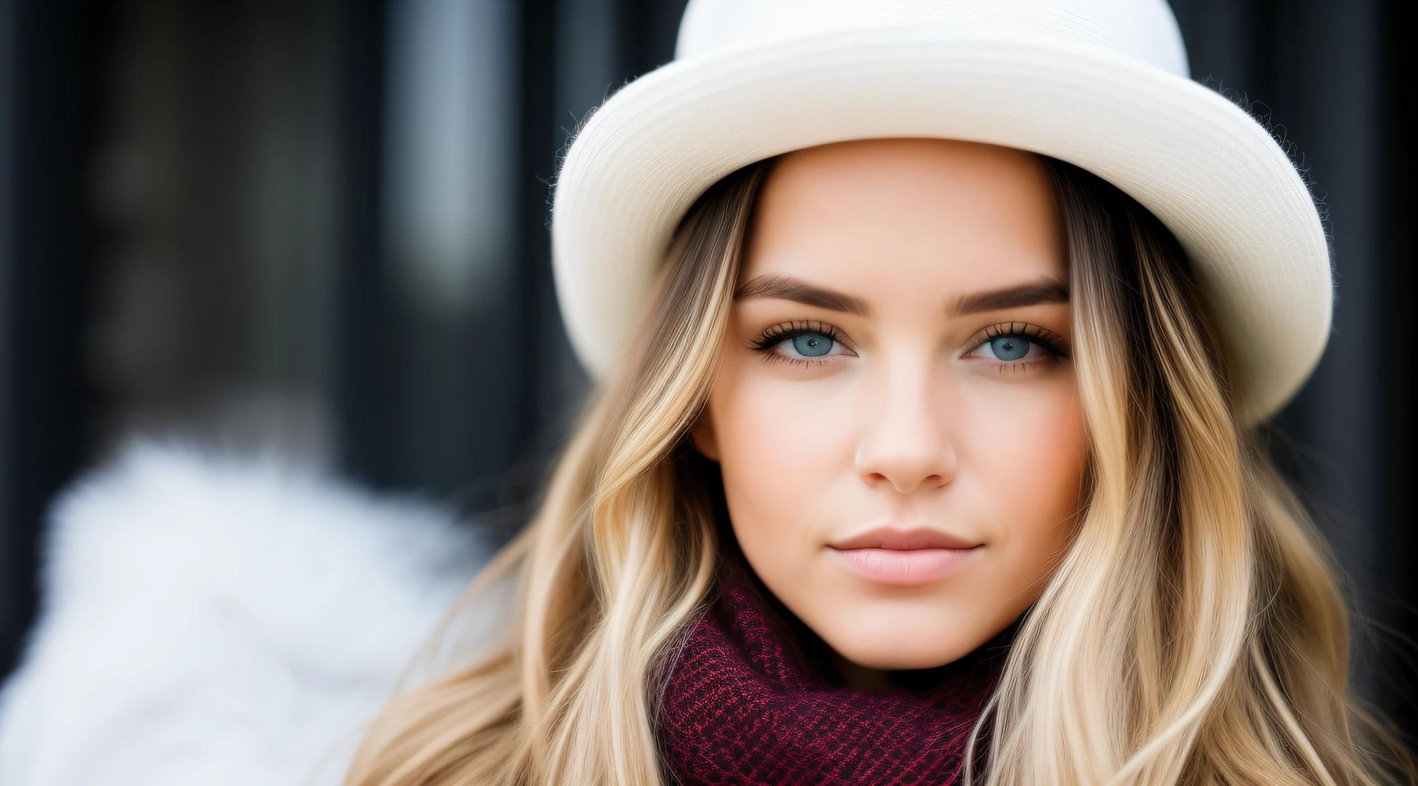 Blonde girl with blue eyes wearing a white hat and scarf, lindo bonito, menina bonita, bonito bonito, longos cabelos loiros e olhos grandes, cabelos loiros e olhos grandes, painting digital adorable, longos cabelos loiros e olhos grandes, princesa de inverno, olhos azuis e cabelos loiros, belos olhos enormes, menina bonito, cabelos loiros e olhos azuis, portrait of nordic girl