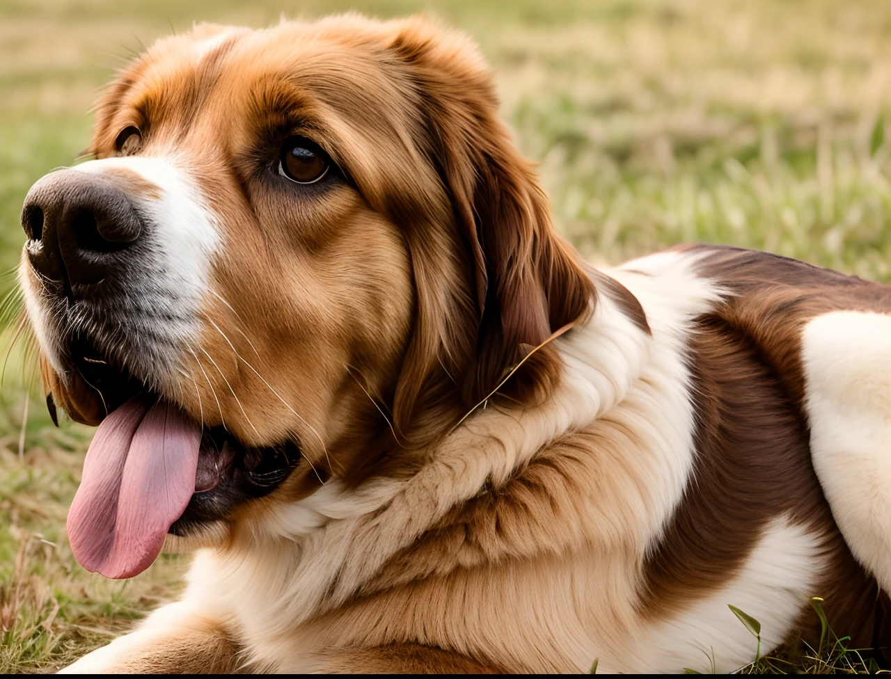 Drawing araffe dog lying on grass with tongue out, um tipo masculino , extremamente bonito, olhar orgulhoso , peludo