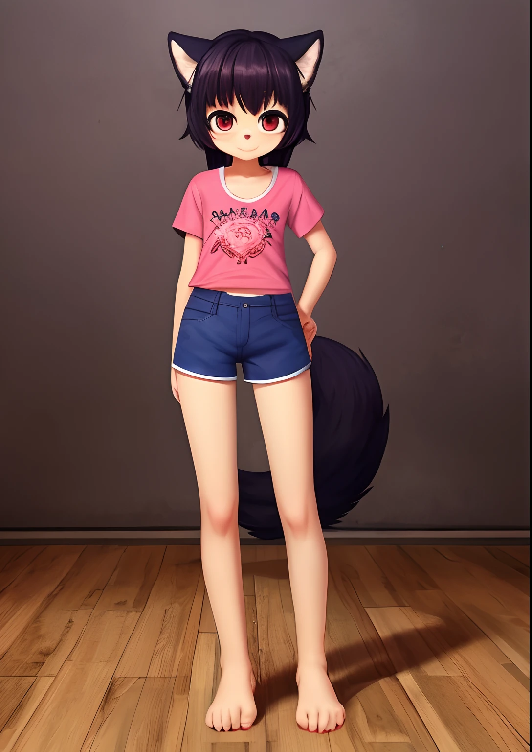 full body portrait of a masterpiece, high quality best quality, a (anthro:1.0) (:0.8) (cub:1.2) (wolf girl:1.2) with a big head and small body, wearing a pink shirt and blue shorts, cameltoe, paws, grey fur, fluffy, wolf tail and ears, flat chest, looking at viewer