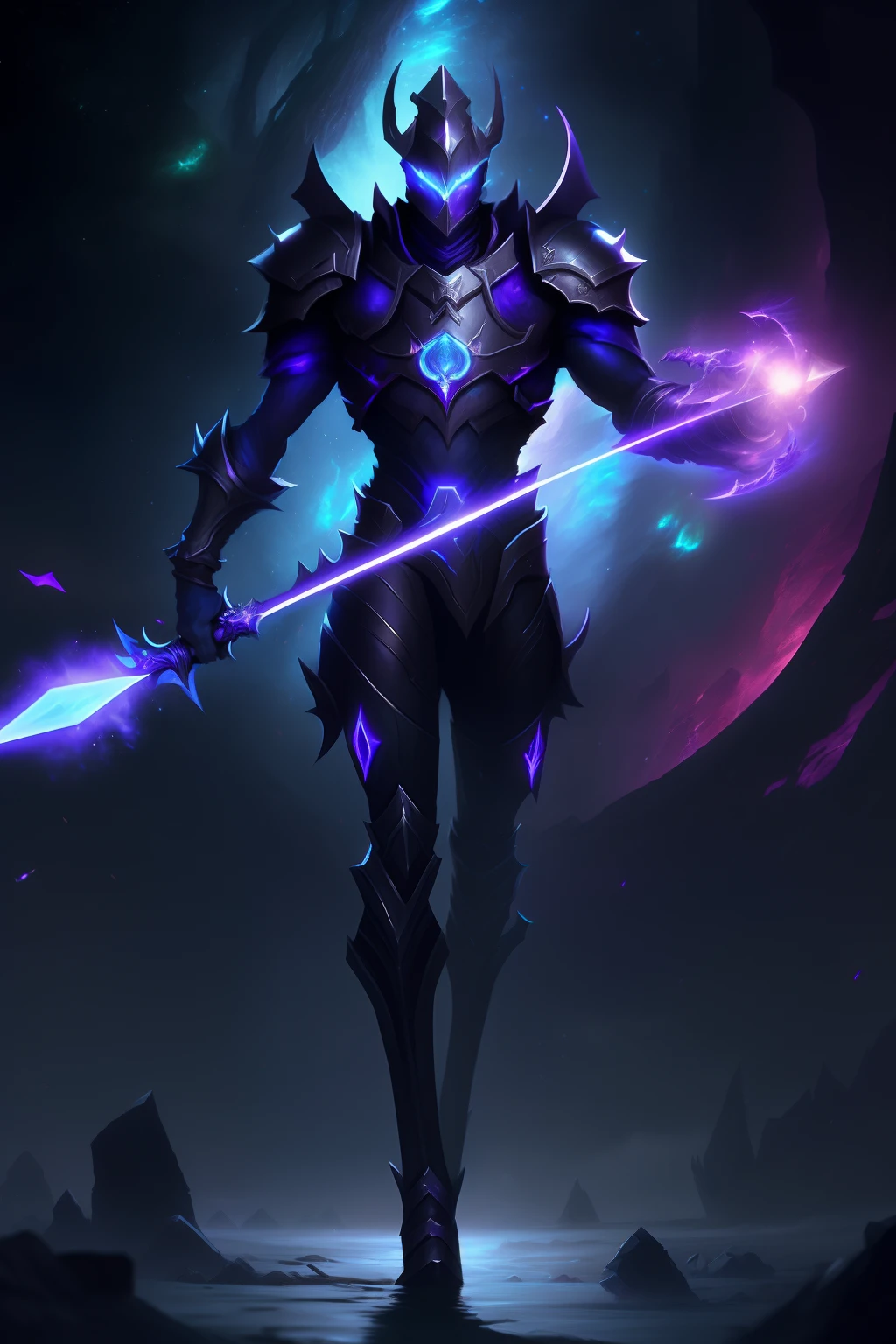 a close up of a man with a sword in his hand, purple glowing core in armor, epic fantasy digital art style, nocturne from league of legends, alien space knight, 8k hd wallpaperjpeg artifact, 8 k hd wallpaperjpeg artifact, epic fantasy art style hd, hero from dota 2, glowing black aura