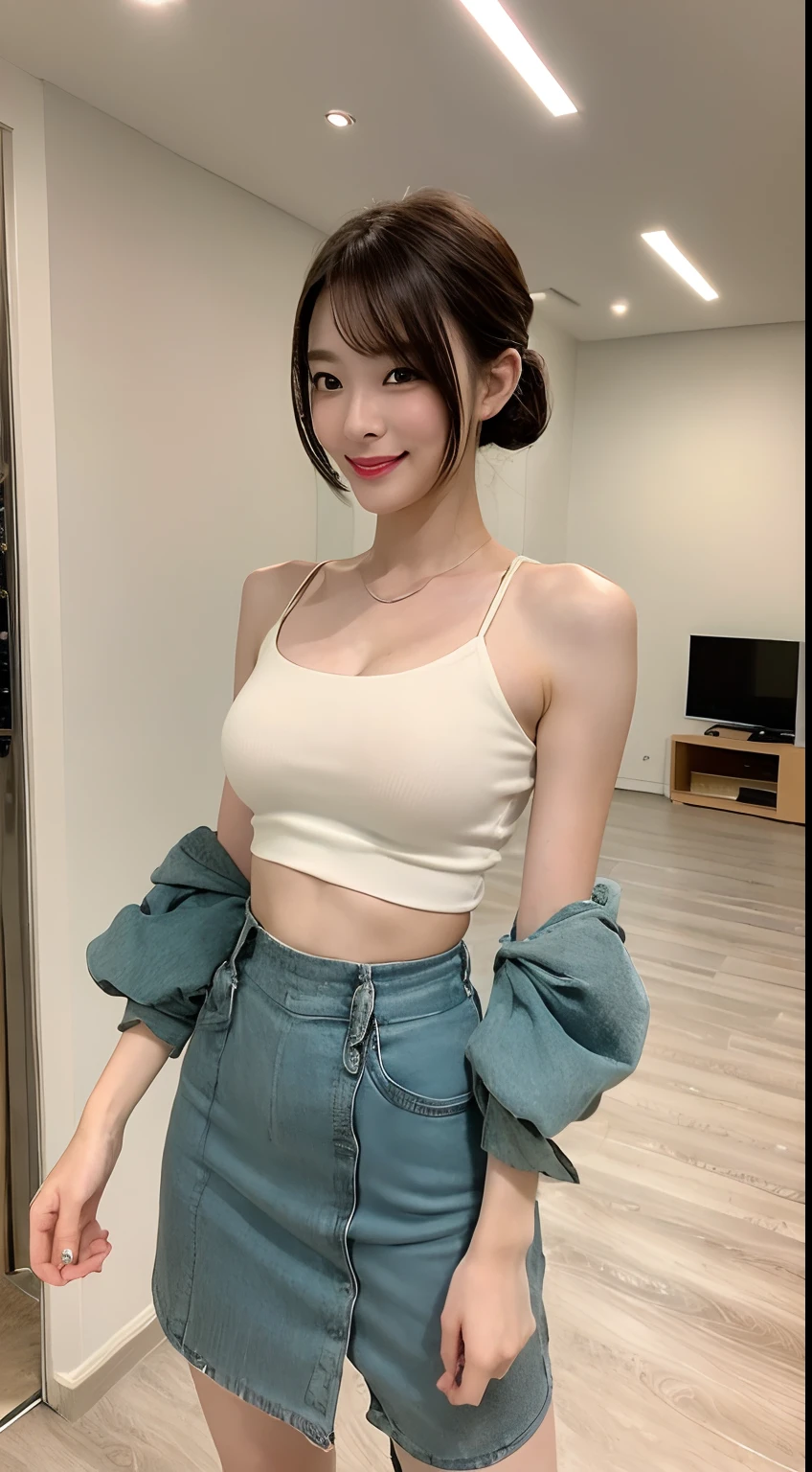 ((Best Picture Quality, 8k, tmasterpiece:1.3)), 1girl, Beautiful woman with slender abs:1.3, (Casual hairstyle), shift dresses:1.1, Ultra-fine face, A detailed eye, 二重まぶた，ssmile，Home，Leakage of large breasts，cum on facial