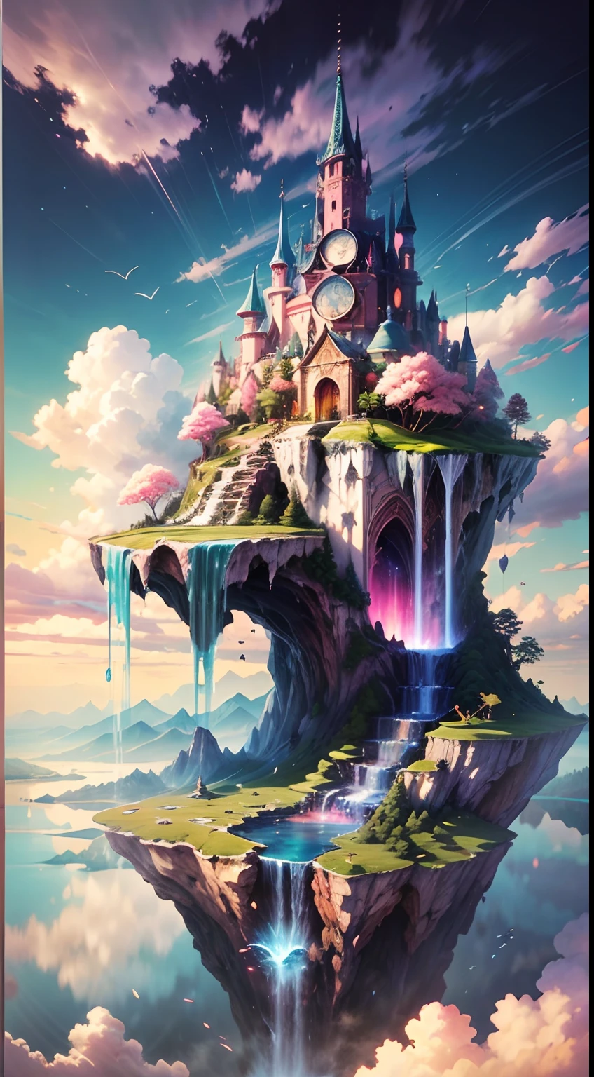 Envision a mesmerizing scene of a magnificent realm of romantic dreams. The environment is filled with intricate floating islands, fluffy clouds, waterfalls cascading from the floating islands, and a vibrant, surreal atmosphere. The atmosphere is filled with a sense of wonder and tranquility. Include many shades of pink in the image along with other vibrant jewel-toned hues. This scene will be depicted in an anime-style illustration, with soft lines, pastel colors, and a whimsical touch. All buildings are extremely detailed and elegant. The artwork will capture the ethereal beauty and tranquility of the dreamlike realm, creating a sense of harmony and escape from the ordinary world. Include teal water, colorful watercolor skies, glowing elements, and many small fantasy details including iridescence, expertly created majestic landscapes, and shimmer and glimmer. Above all else, this should look like a fantasy artwork.