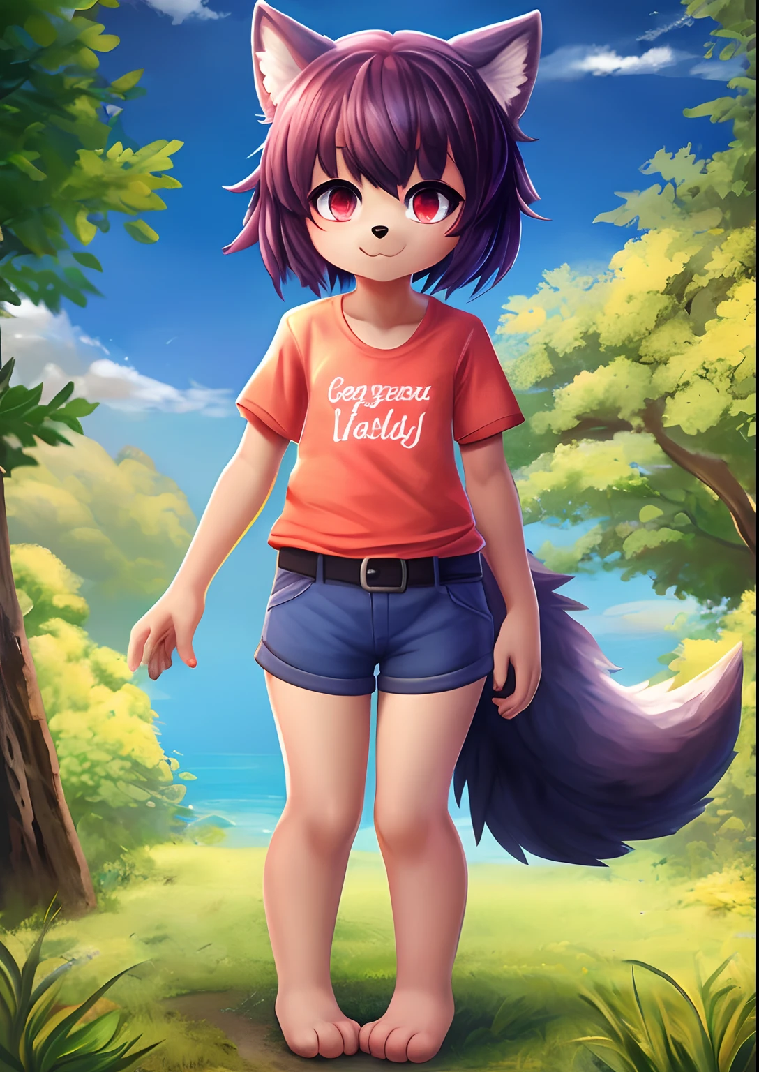 full body portrait of a masterpiece, high quality best quality, a (anthro:1.0) (loli:0.8) (cub:1.2) (wolf girl:1.2) with a big head and small body, wearing a pink shirt and blue shorts, cameltoe, paws, grey fur, fluffy, wolf tail and ears, flat chest, looking at viewer