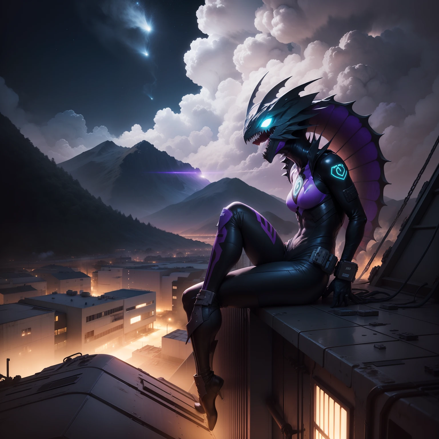 Personagem Venon, modificado,com asa,roxo,On top of a Bitcoin mining plant,nuclear, toxic,nuvem,neblina,noite lua roxa,trevas