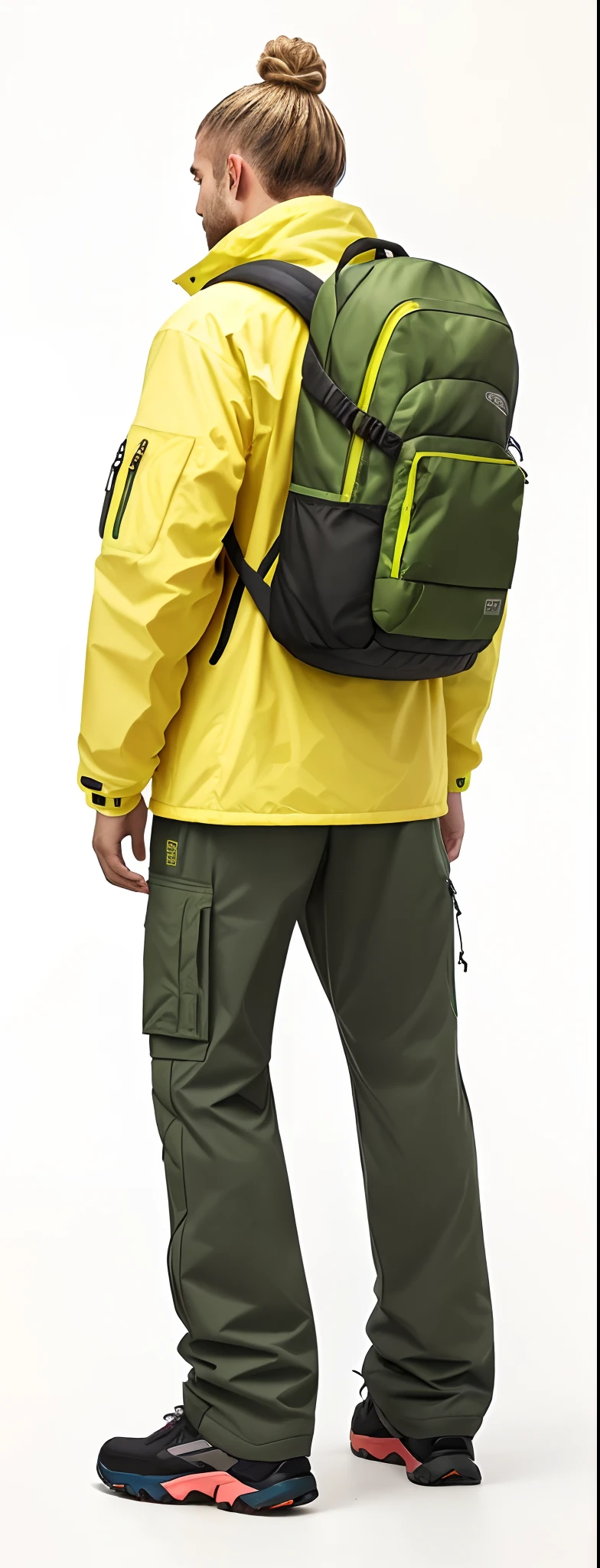 Man in yellow jacket and green pants with backpack, um homem usando uma mochila, usando equipamento de aventura, roupas de caminhada, 🤬 🤮 💕 🎀, Vista de altura total, com uma mochila, saco sobre a cintura, Techwear Look e Roupas, esquema de cores amarelo e oliva, imagem vazada, pano de fundo, trending on r/techwearclothing