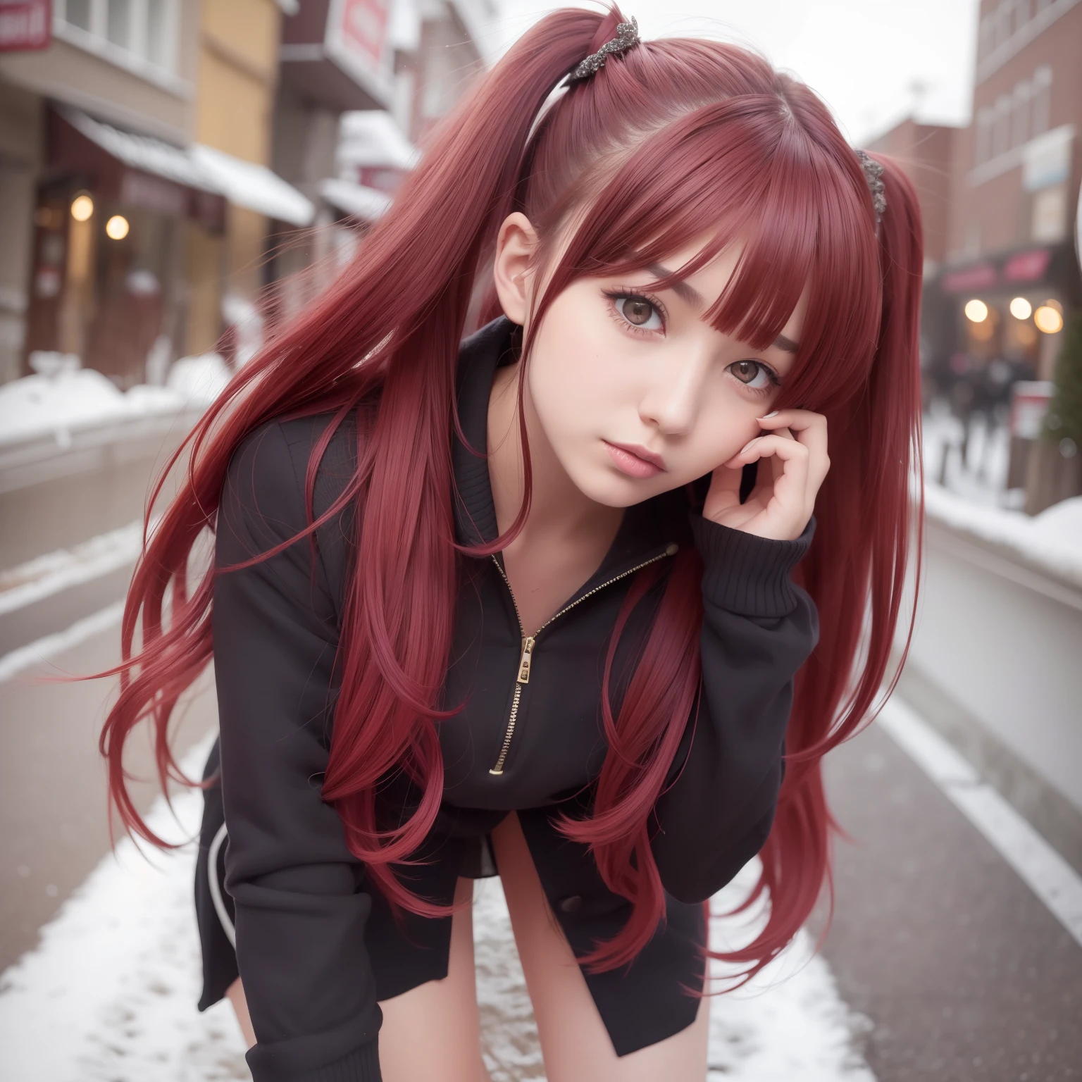 ((masterpiece)), (best quality), (detailed), 1girl,
looking at viewer, (lipstick:0.75), leaning forward,
medium long dark red hair, twintails,
colorful thighighs,
winter, vivid colors,