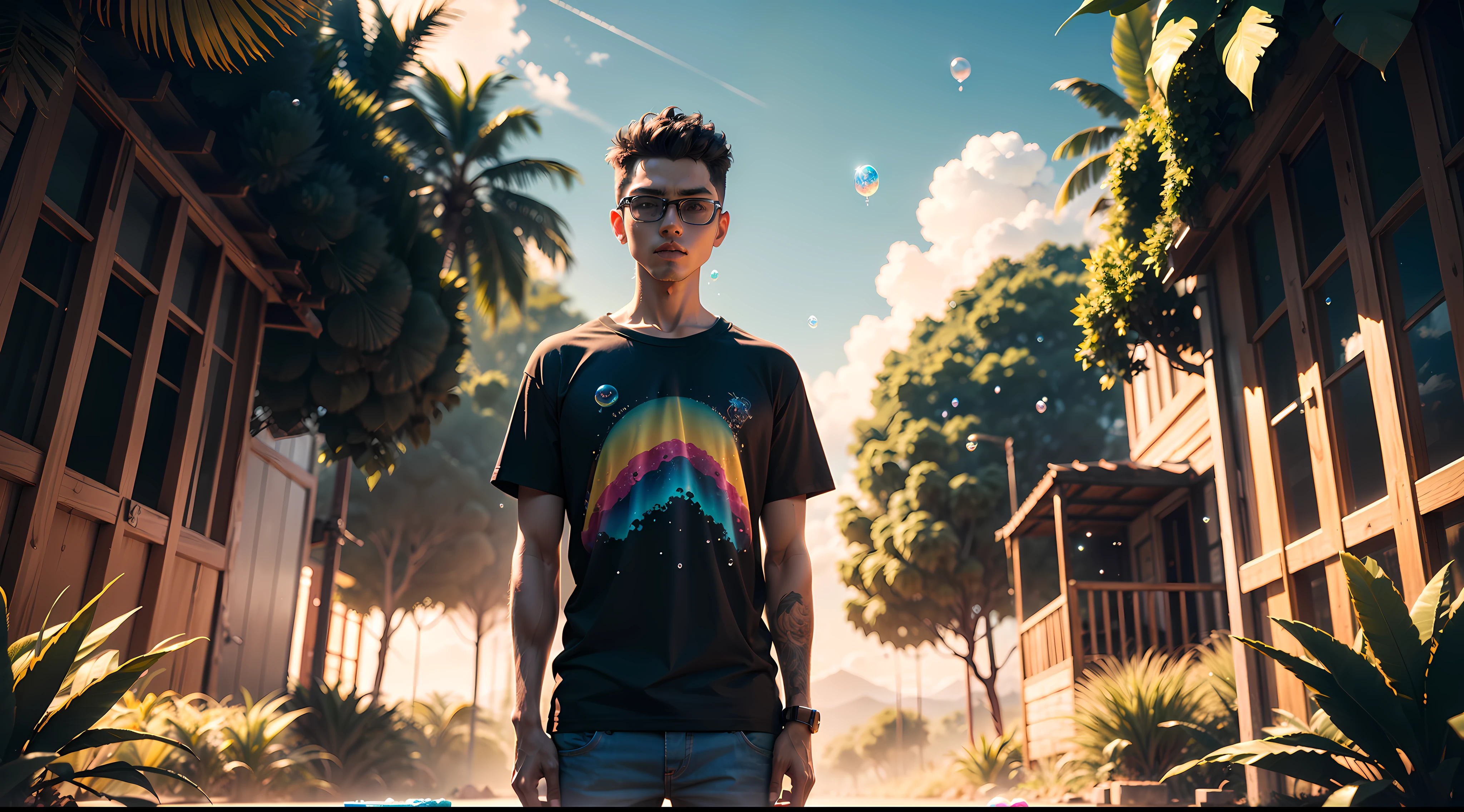 3d masterpiece, one standing Tshirts standing in front looking at camera, detailed, mid shot, diamond color, colorful clouds and neon soap bubbles, jungles background'
