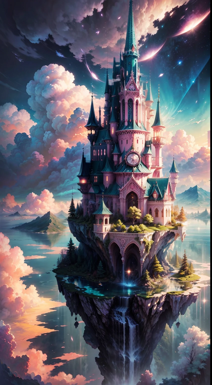 Envision a mesmerizing scene of a magnificent realm of romantic dreams. The environment is filled with intricate floating islands, fluffy clouds, waterfalls cascading from the floating islands, and a vibrant, surreal atmosphere. The atmosphere is filled with a sense of wonder and tranquility. Include many shades of pink in the image along with other vibrant jewel-toned hues. This scene will be depicted in an anime-style illustration, with soft lines, pastel colors, and a whimsical touch. All buildings are extremely detailed and elegant. The artwork will capture the ethereal beauty and tranquility of the dreamlike realm, creating a sense of harmony and escape from the ordinary world. Include teal water, colorful watercolor skies, glowing elements, and many small fantasy details including iridescence, expertly created majestic landscapes, and shimmer and glimmer. Above all else, this should look like a fantasy artwork.