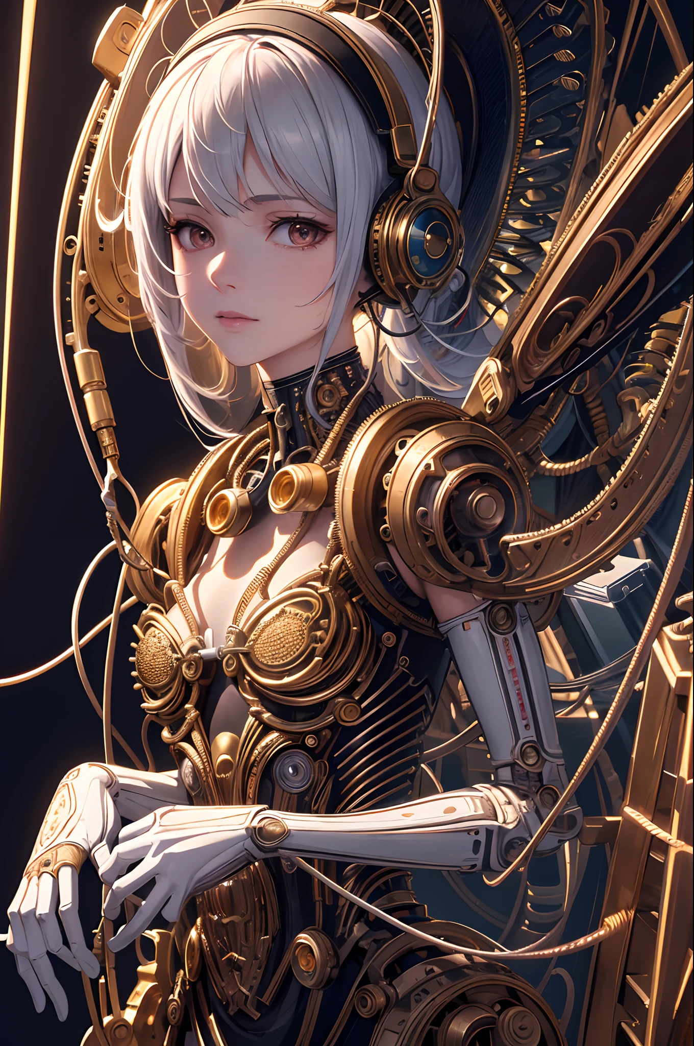 (((masterpiece))), (((best quality))), ((ultra-detailed)), (highly detailed CG illustration), ((an extremely delicate and beautiful)),cinematic light,((1mechanical girl)),solo,(cowboy shot:1.2),(machine made joints:1.2),((machanical limbs)),(blood vessels connected to tubes),(mechanical vertebra attaching to back),((mechanical cervial attaching to neck)),expressionless,(wires and cables attaching to neck:1.2),(wires and cables on head:1.2),(character focus),science fiction,extreme detailed,colorful,highest detailed, loongs,fengs,background,