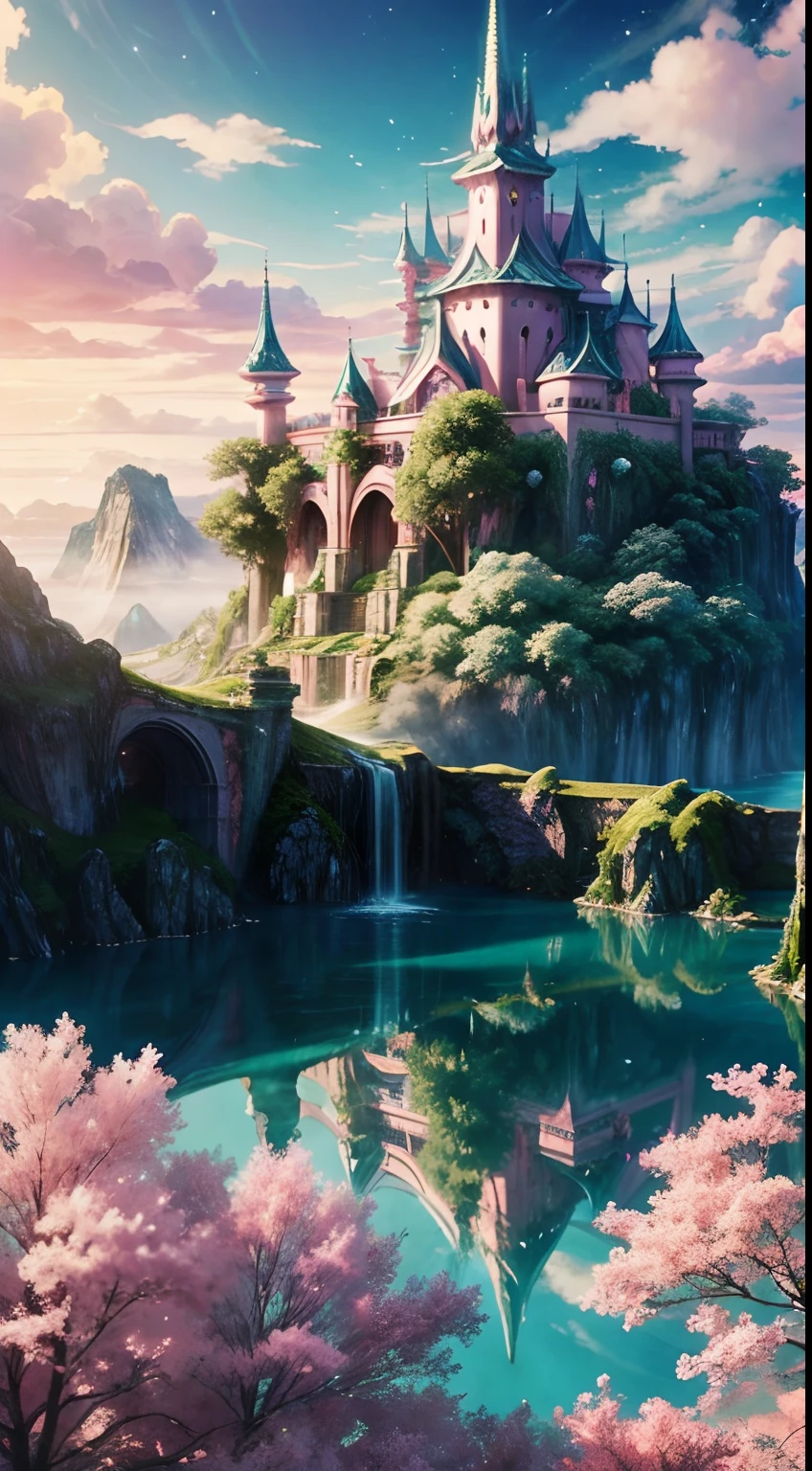 Envision a mesmerizing scene of a magnificent realm of romantic dreams. The environment is filled with intricate floating islands, fluffy clouds, waterfalls cascading from the floating islands, and a vibrant, surreal atmosphere. The atmosphere is filled with a sense of wonder and tranquility. Include many shades of pink in the image along with other vibrant jewel-toned hues. This scene will be depicted in an anime-style illustration, with soft lines, pastel colors, and a whimsical touch. All buildings are extremely detailed and elegant. The artwork will capture the ethereal beauty and tranquility of the dreamlike realm, creating a sense of harmony and escape from the ordinary world. Include teal water, colorful watercolor skies, glowing elements, and many small fantasy details including iridescence, expertly created majestic landscapes, and shimmer and glimmer. Above all else, this should look like a fantasy artwork.