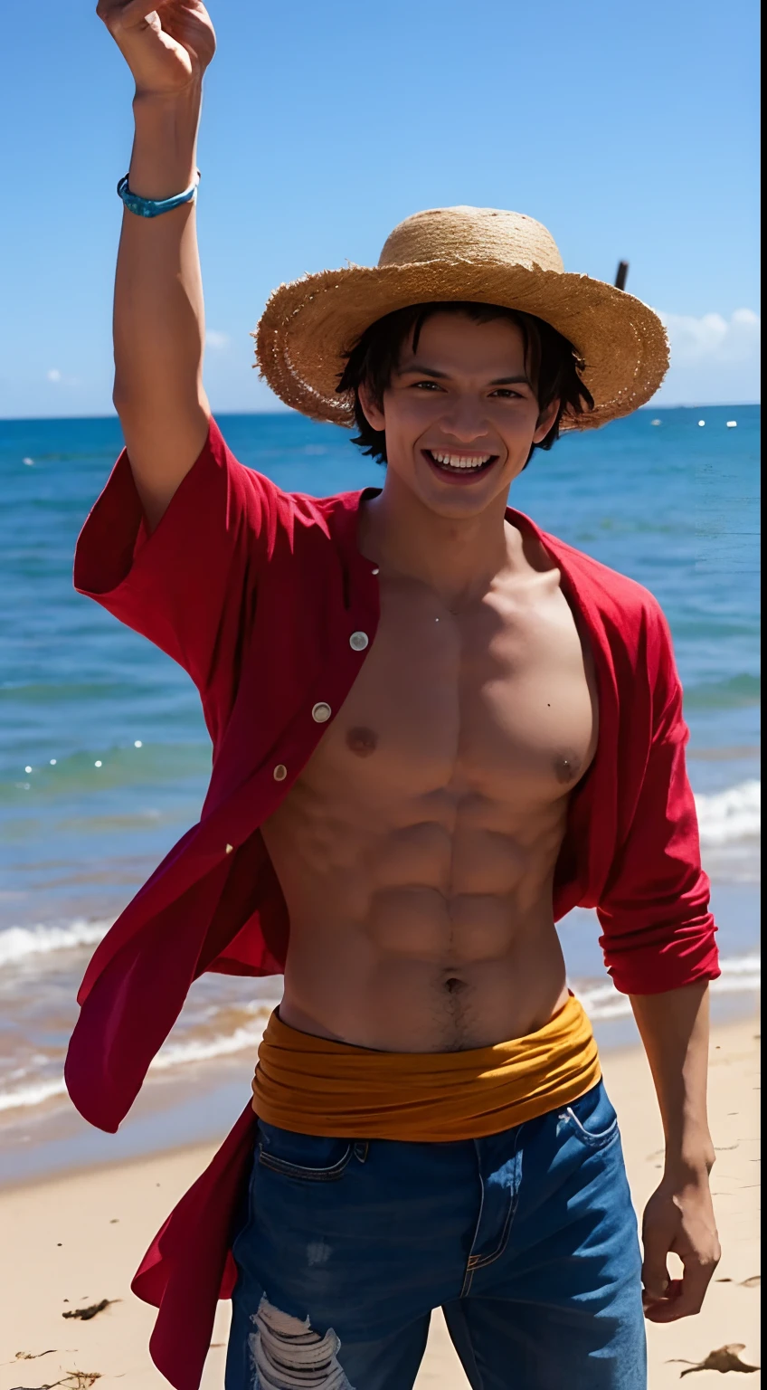 dinamic pose, macho, corpo inteiro, can dynamic, cicatriz abaixo do olho, chest scar, ( estilo pirata pronto para luta ), Luffy tem cabelos pretos desgrenhados, round black eyes and a thin muscle build. He is renowned for his trademark straw hat, which was lent to him when he was young by the legendary pirate captain, "ruivo" Shanks,[35] que por sua vez o recebeu do Gol D. Roger. [43] Luffy usa um vermelho aberto, Long-sleeved cardigan with four buttons, com uma faixa amarela amarrada na cintura (lembrando um pouco a roupa do Gol D. Roger). Luffy also has a scar under his left eye), which he earned as a child by stabbing his face to show Shanks that he was tough enough to be a pirate. [44] Ele foi gravemente ferido por Akainu na Guerra do Cume de Marineford,[45] deixando uma grande cicatriz em seu peito. [46] (fundo praia palmeiras, dia ensolarado ), realista, detalhado, Child boy, jovem, cabelo preto liso curto, olhos pretos, olhar arrogante, olhos realistas, rosto detalhado, detailed hands, Suado, pernas detalhadas, dedos detalhados, cabelo detalhado, olhos detalhados, pele detalhada, dynamic lighting, (fotorrealista: 1.4), 8k UHD, (Hiper realista), (fotorrealista), (obra-prima), (melhor qualidade),  (( fundo praia )), corpo perfeito, chest scar, usando jaqueta vermelha, blue shorts and hat. sem pelos pubianos, raiva,