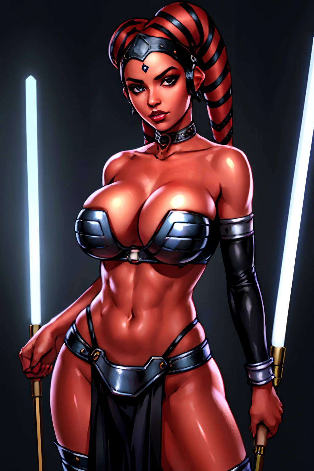 (masterpiece:1.2, best quality:1.2, beautiful, high quality, highres:1.1, aesthetic), detailed, extremely detailed, ambient soft lighting, 4K, perfect eyes, perfect face, perfect lighting, 1girl, (((red skin))), sexy busty Twi'lek, ((huge breasts, skindentation, cleavage)), looking at viewer, sharp facial features, silver and black bikini, silver, ornate strapless metal bra, metal lace, gemstones, silver jewelry, long skirts, choker, armlets, pelvic curtain, silks, Star Wars, lekku stripes, Star Wars,