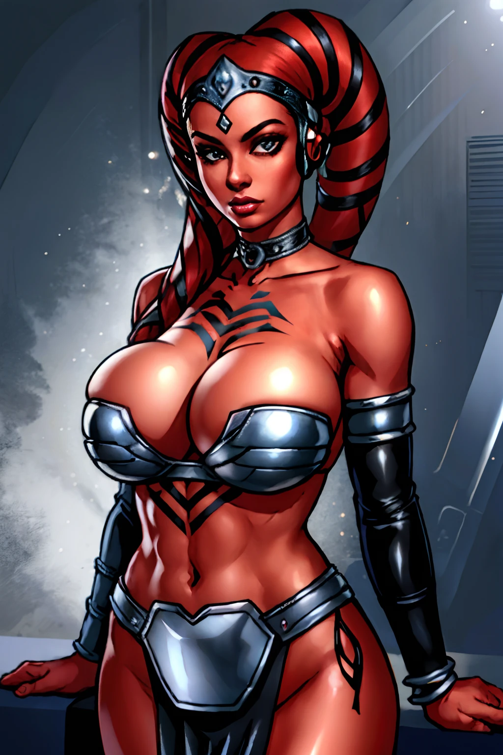 (masterpiece:1.2, best quality:1.2, beautiful, high quality, highres:1.1, aesthetic), detailed, extremely detailed, ambient soft lighting, 4K, perfect eyes, perfect face, perfect lighting, 1girl, (((red skin))), sexy busty Twi'lek, ((huge breasts, skindentation, cleavage)), looking at viewer, sharp facial features, silver and black bikini, silver, ornate strapless metal bra, metal lace, gemstones, silver jewelry, long skirts, choker, armlets, pelvic curtain, silks, Star Wars, lekku stripes, Star Wars,