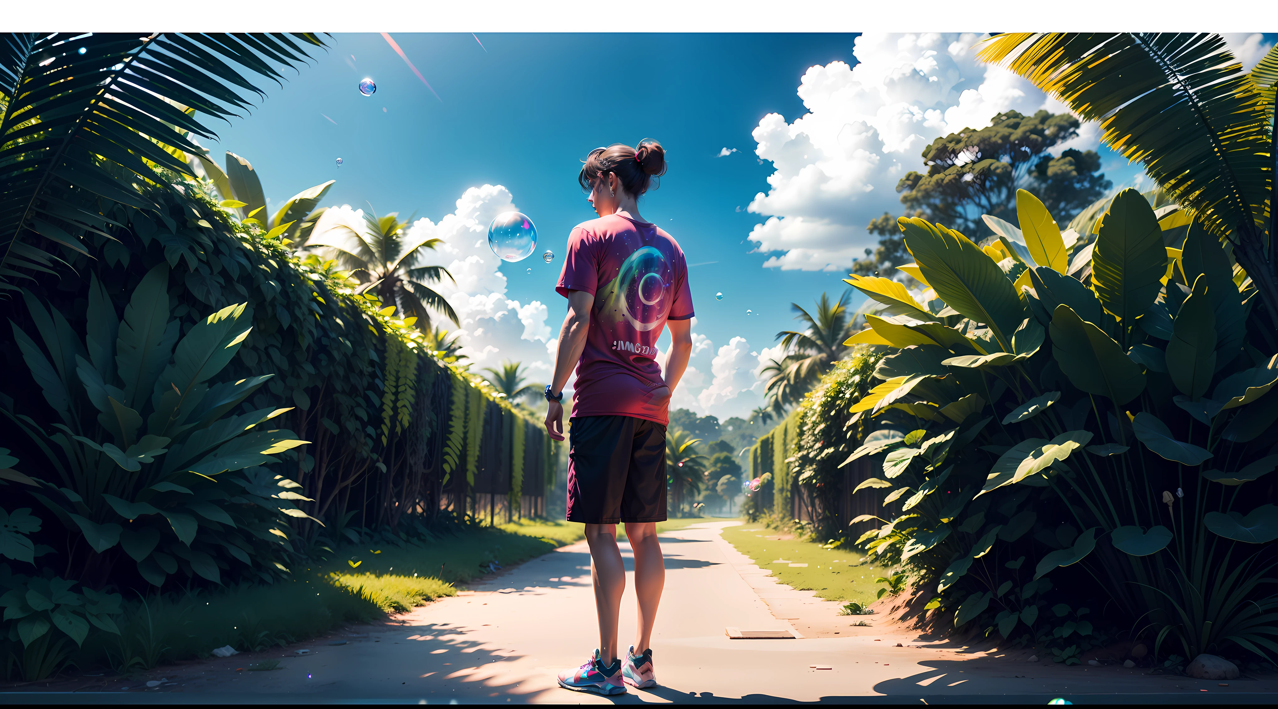 3d masterpiece, one standing Tshirts standing in front looking at camera, detailed, mid shot, diamond color, colorful clouds and neon soap bubbles, jungles background'