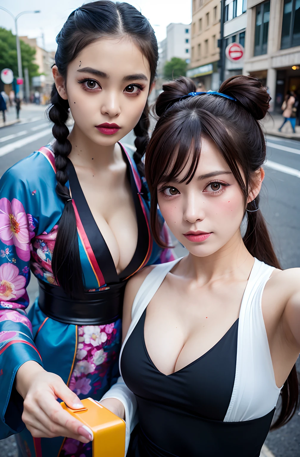 shukezouma, rendering by octane, hdr, (ultra - detailed:1.15), (Soft light, Sharp:1.2), (((duo,Two women in costume take selfies on the street,colorful pigtail, anime cosplaying,))),Beautiful girl, hyper detail eyes, mature, Painting drops, paint teardrops, woman made up from paint, entirely paint, splat, Splash, Long colored hair,Ultra-fine texture kimono, Paint kimono, paint bulb, Exposed cleavage, paint drops, Exposed shoulders, Tears,shoulders are visible, Thighs exposed, seminude, focus onface, Beautiful face, eye shadows, Dark circle contour, russian face, Russian girl, mascara, Beautiful, 18yr old