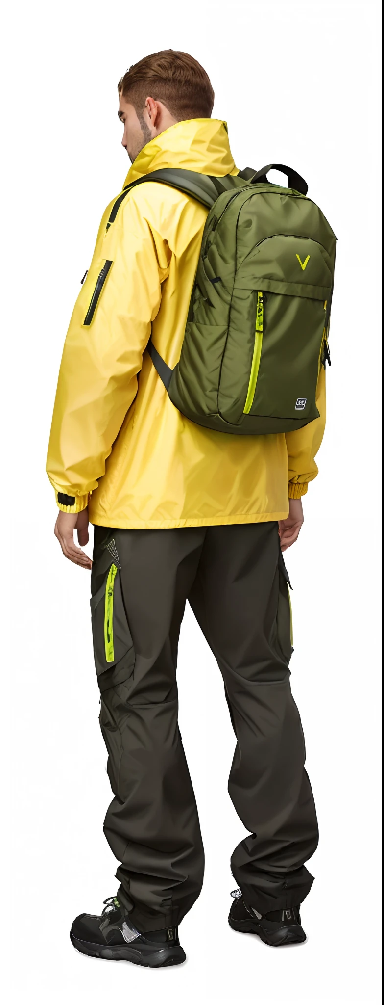 Man in yellow jacket and green pants with backpack, um homem usando uma mochila, usando equipamento de aventura, roupas de caminhada, 🤬 🤮 💕 🎀, Vista de altura total, com uma mochila, saco sobre a cintura, Techwear Look e Roupas, esquema de cores amarelo e oliva, imagem vazada, pano de fundo, trending on r/techwearclothing