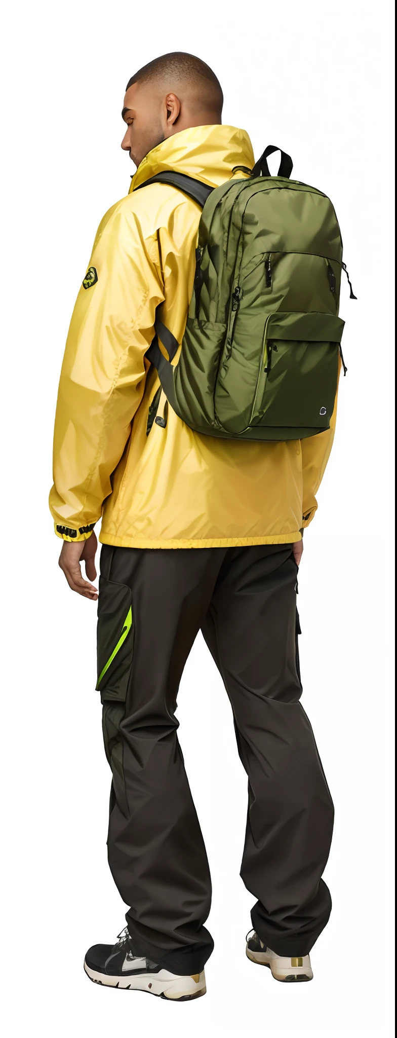 Man in yellow jacket and green pants with backpack, um homem usando uma mochila, usando equipamento de aventura, roupas de caminhada, 🤬 🤮 💕 🎀, Vista de altura total, com uma mochila, saco sobre a cintura, Techwear Look e Roupas, esquema de cores amarelo e oliva, imagem vazada, pano de fundo, trending on r/techwearclothing