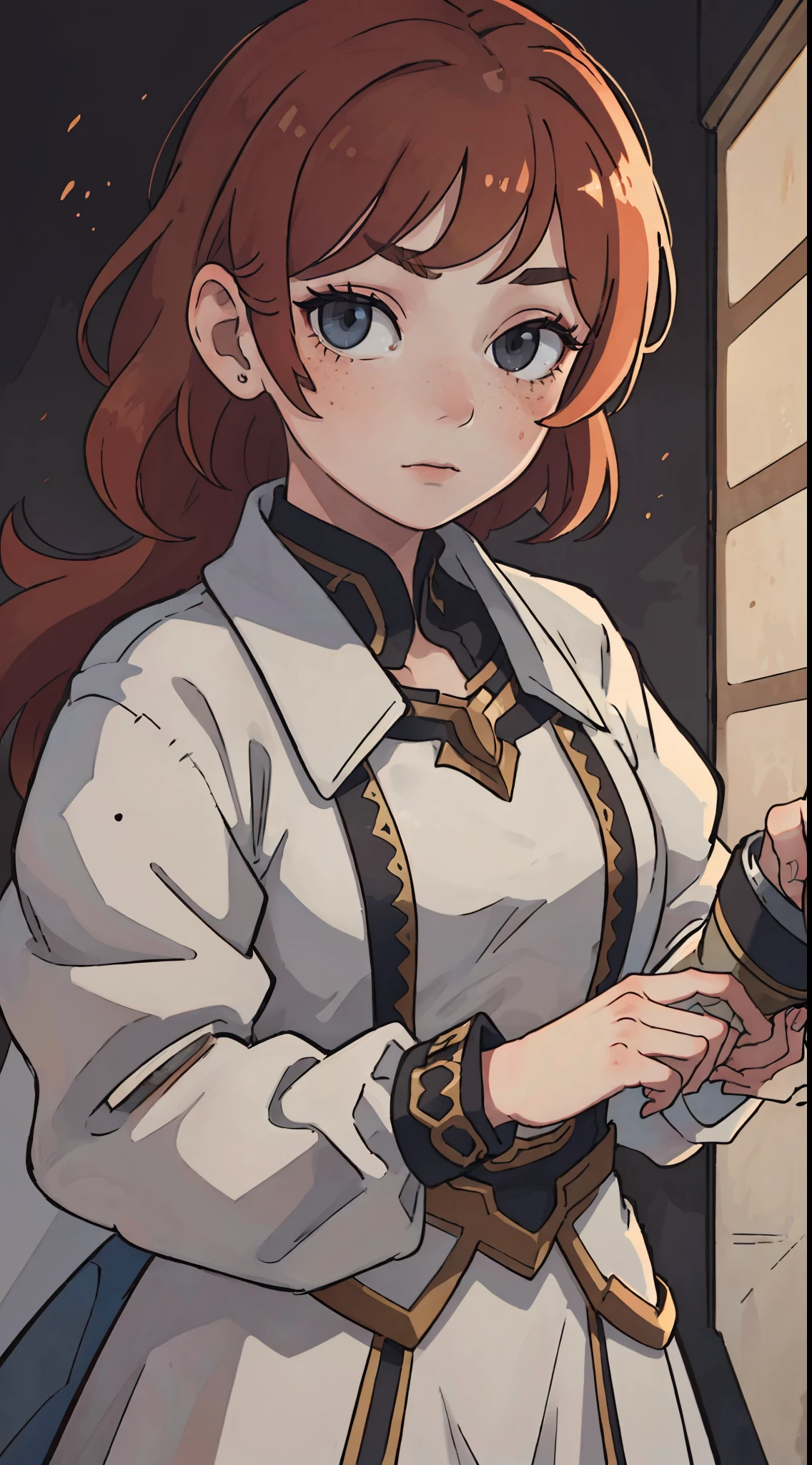 (8k, RAW photo, highest quality), beautiful girl, close up, dress, (detailed eyes:0.8), defiance512, (looking at the camera:1.4), (highest quality), (best shadow), intricate details, interior, ginger hair:1.3, dark studio, muted colors, freckle