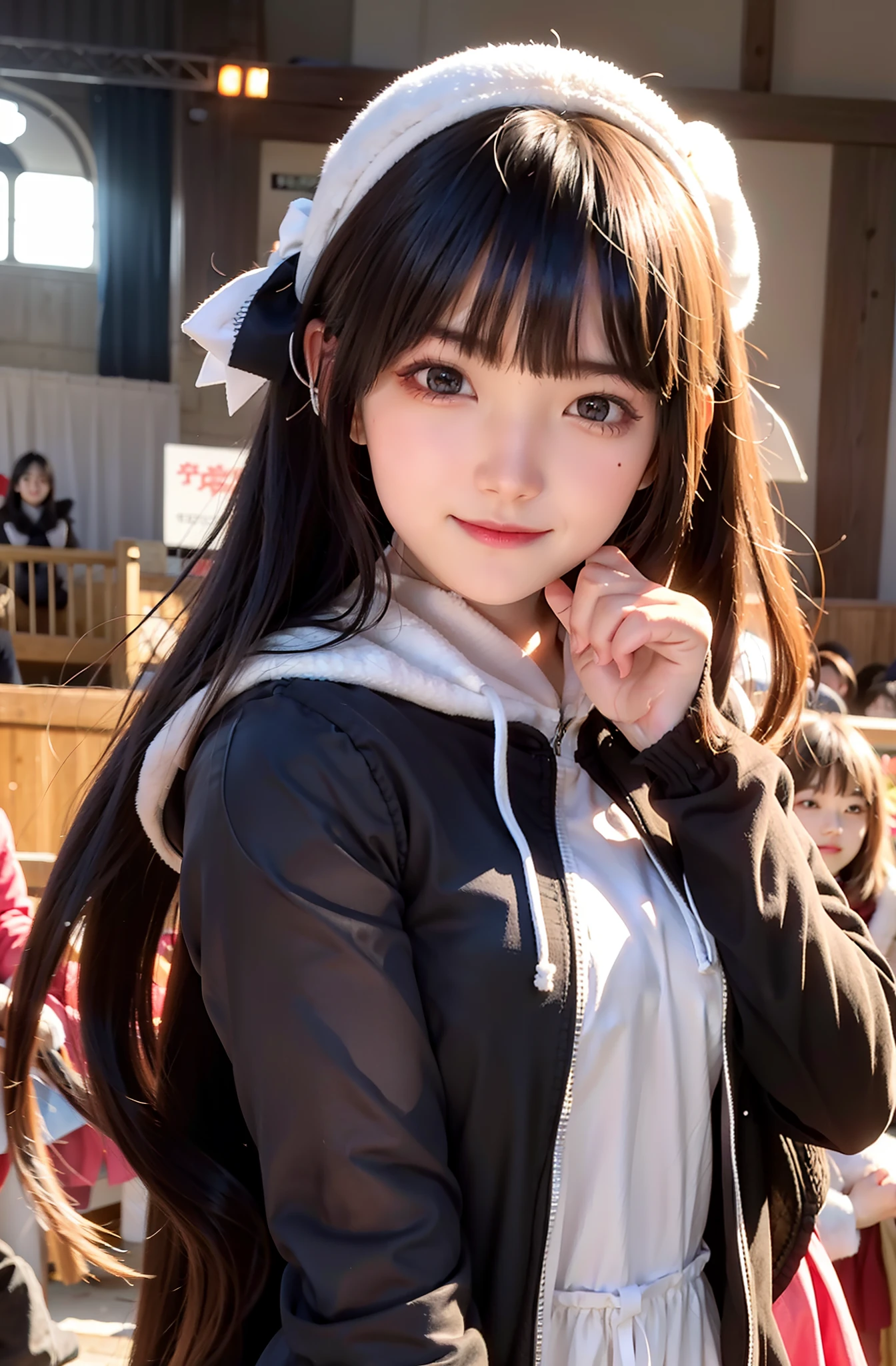 Winter girl sunshine does not look at the camera, Long hair bow upper body does not look at the audience