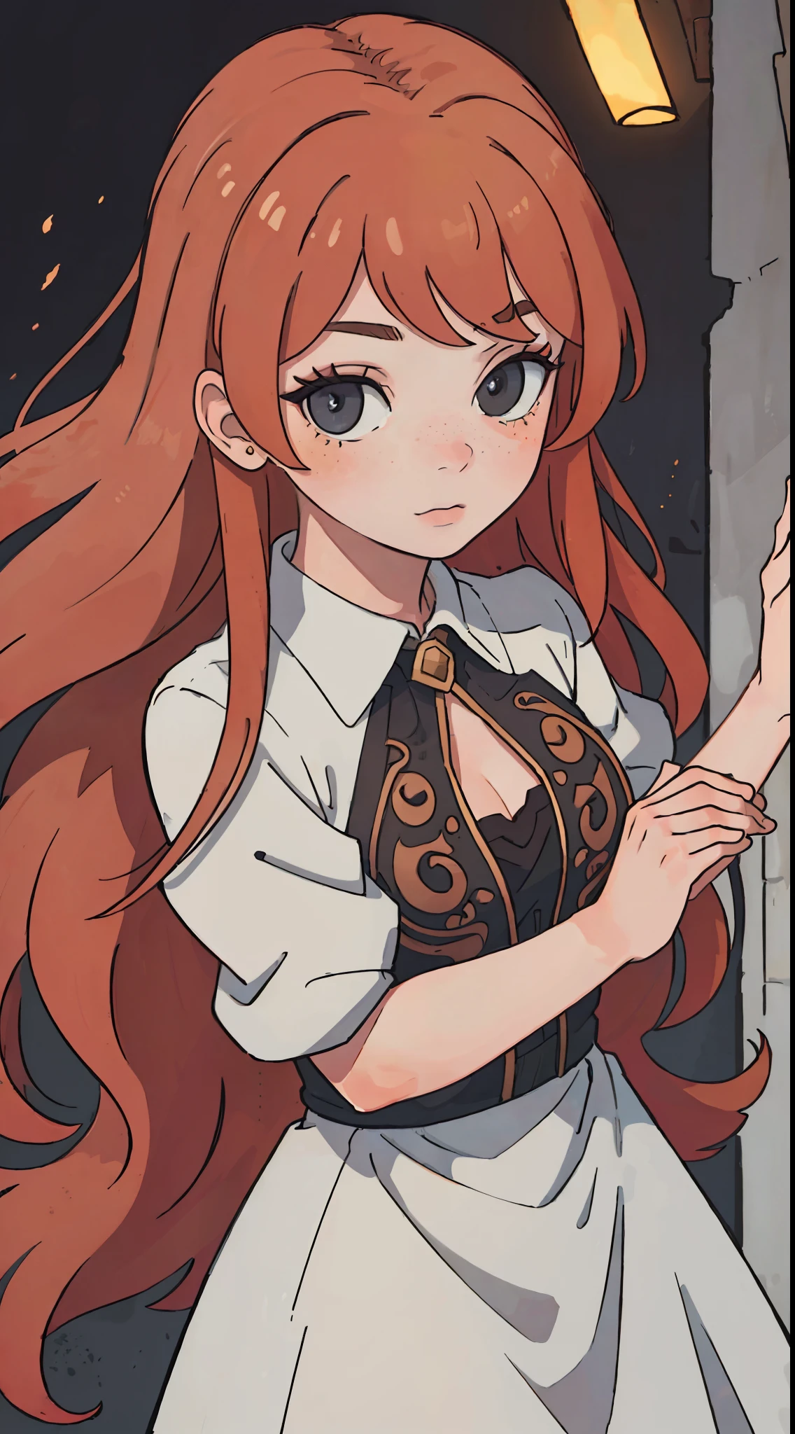 (8k, RAW photo, highest quality), beautiful girl, close up, dress, (detailed eyes:0.8), defiance512, (looking at the camera:1.4), (highest quality), (best shadow), intricate details, interior, ginger hair:1.3, dark studio, muted colors, freckle