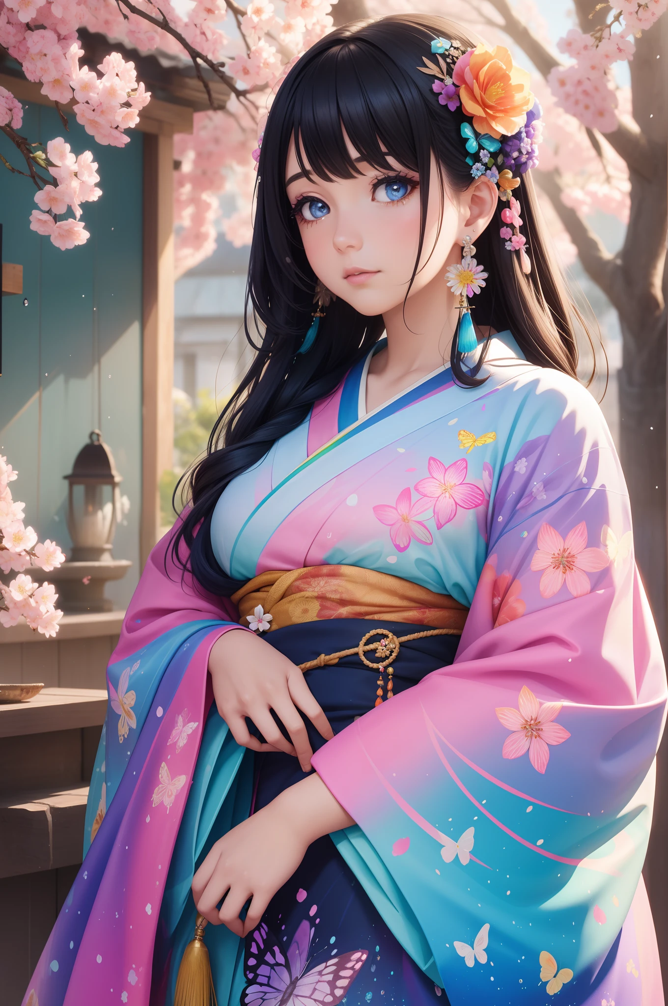 shukezouma, octane render, hdr, (hyperdetailed:1.15), (soft light, sharp:1.2), 1girl, beautiful girl, ultra detailed eyes, mature, plump, thick, rainbow painting drops, paint teardrops, woman made up from paint, entirely paint, splat, splash, long colored hair, kimono made from paint, ultra detailed texture kimono, rainbow paint kimono, paint bulb, paint drops, (hair ornaments, earrings, flowers hair ornaments, butterflies hair ornaments), outdoors, sakura trees