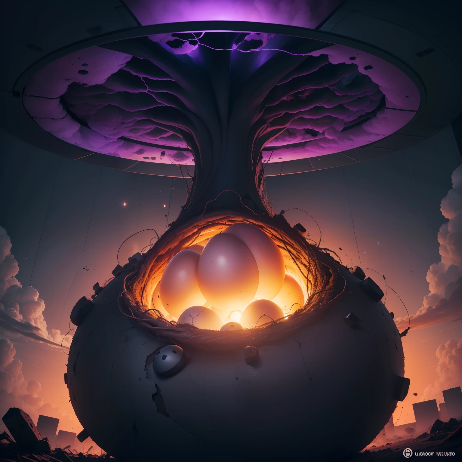 Ovos roxos,ninho de Avestruz roxo,several eggs inside the nest, toxic incubator, nuclear,toxic cloud, radioatividade na atmosfera roxa,lua de sangue