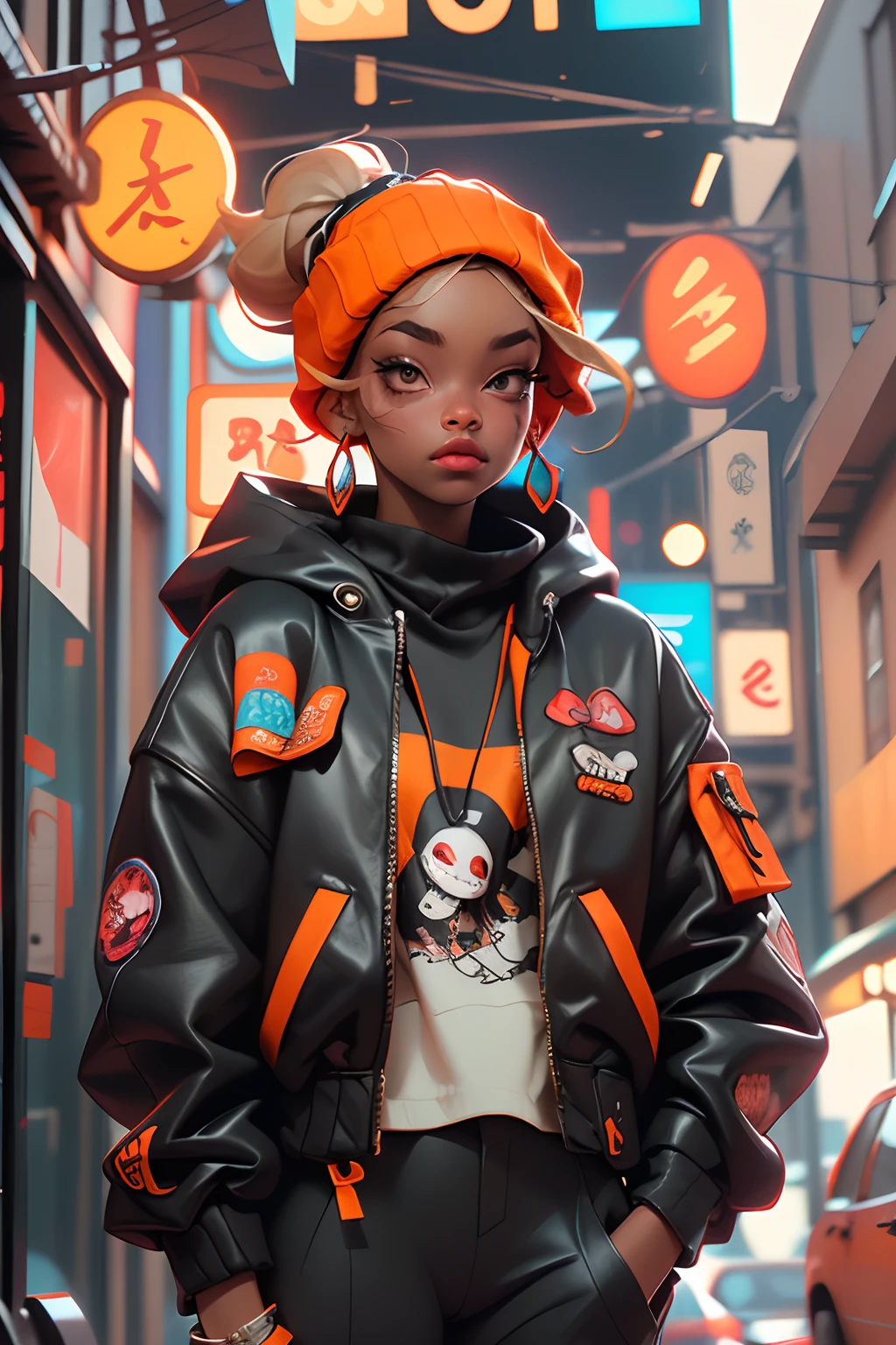 ((Melhor qualidade)), ((obra-prima)), ((realista)) e fotografia ultra-detalhada de uma Senhora Rapper com fones de ouvido neon. Ela tem ((cabelo preto)), is wearing an orange Streetwear jacket, e exala uma vibe ((beautiful and aesthetic)) .