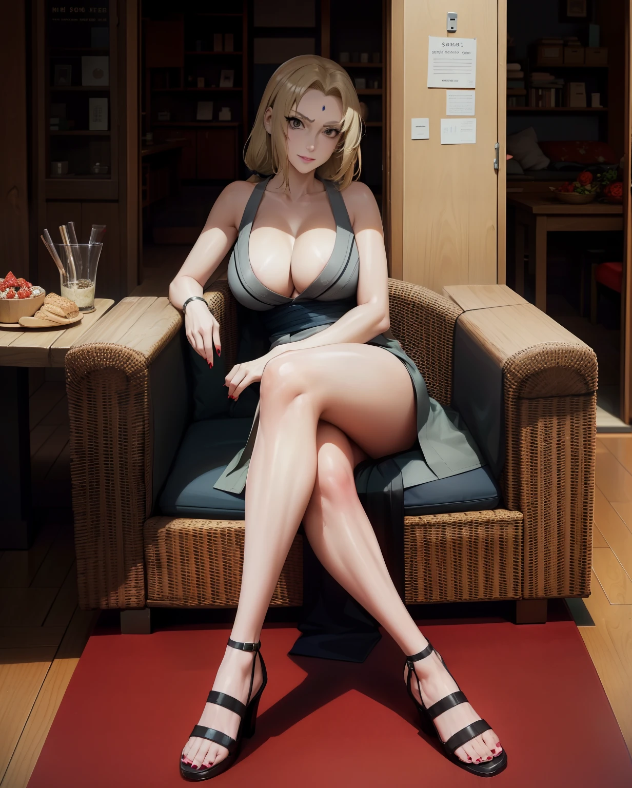 araffe sitting on a chair with her legs crossed, 30 years old woman, 3 0 years old woman, she is about 2 , she is about 2 0 years old, she is about 20 years old, she is about 30 years old, she is about 3 0 years old, 18 years old, attractive girl, yellow hair, five finger on hand, five toes on the foot, red nail polish on the fingers, red nails on the toes, looking forward, wearing high heels on the feet, have two hands, have two legs, have big toes on feet, have index toes on feet, have a middle toe on the foot, has a ring toe on the foot, have little toes on feet