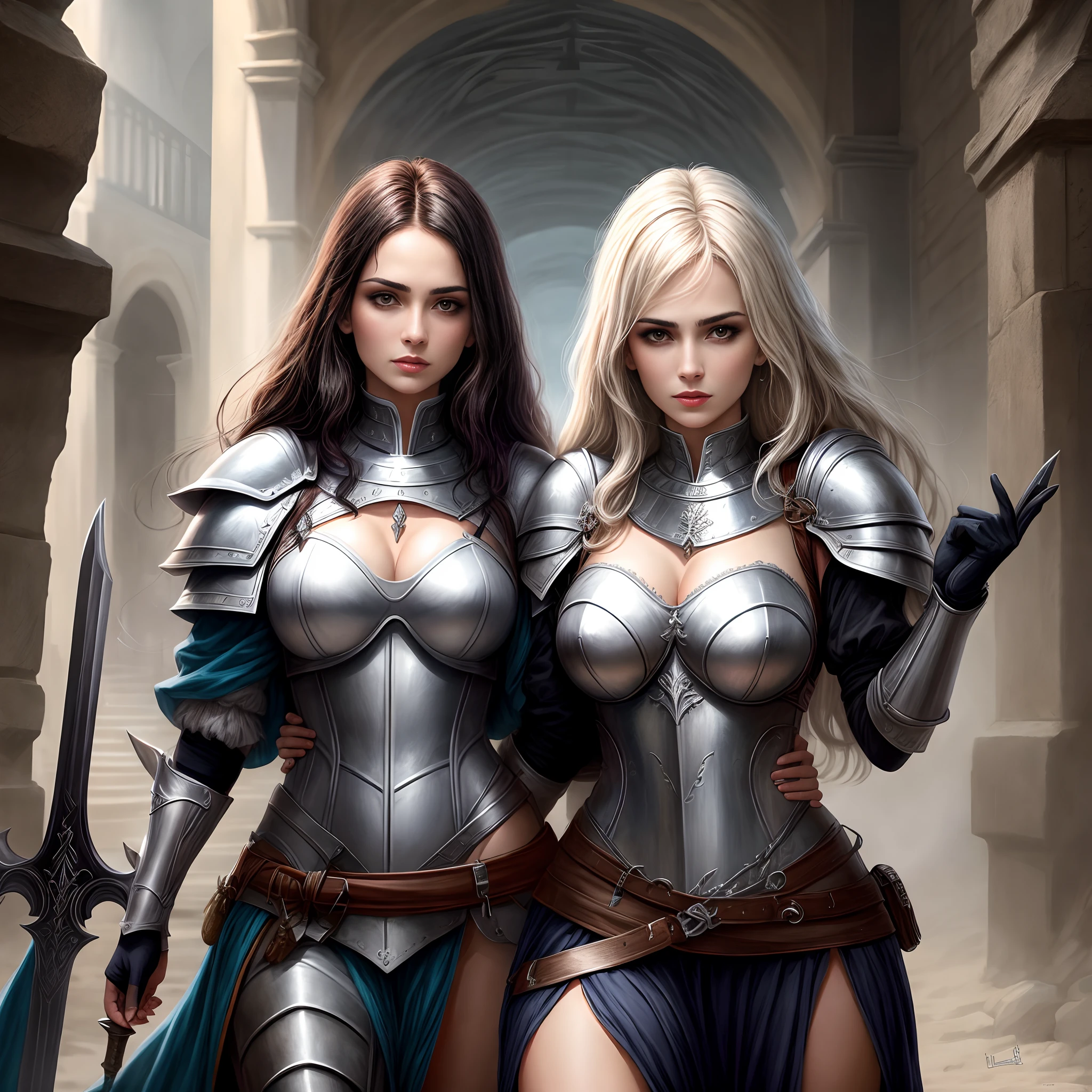 Personagem feminino medieval armaduras com duas espadas sci FI