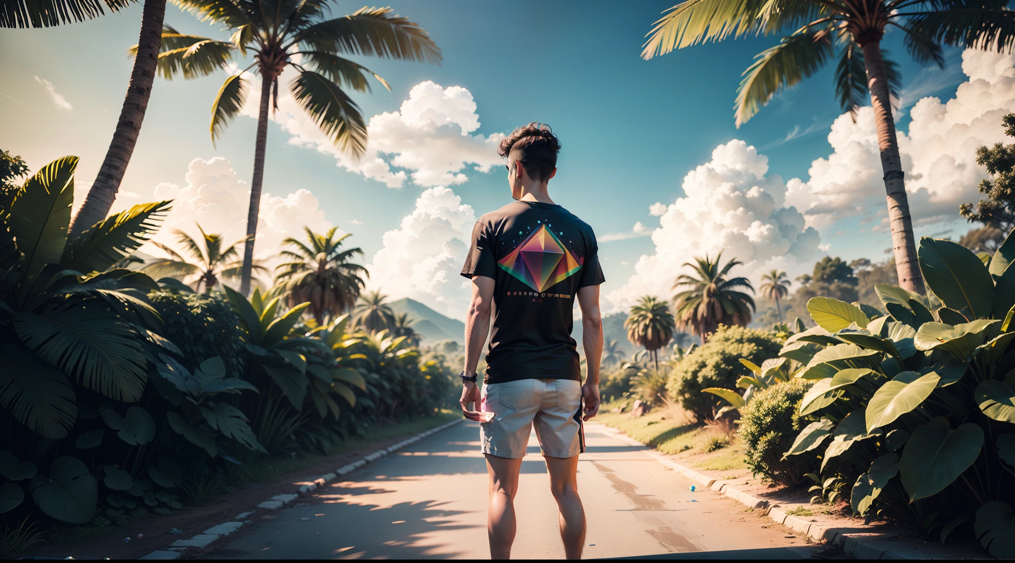 3d masterpiece, one standing Tshirts standing in front looking at camera, detailed, mid shot, diamond color, colorful clouds and neon soap bubbles, jungles background'