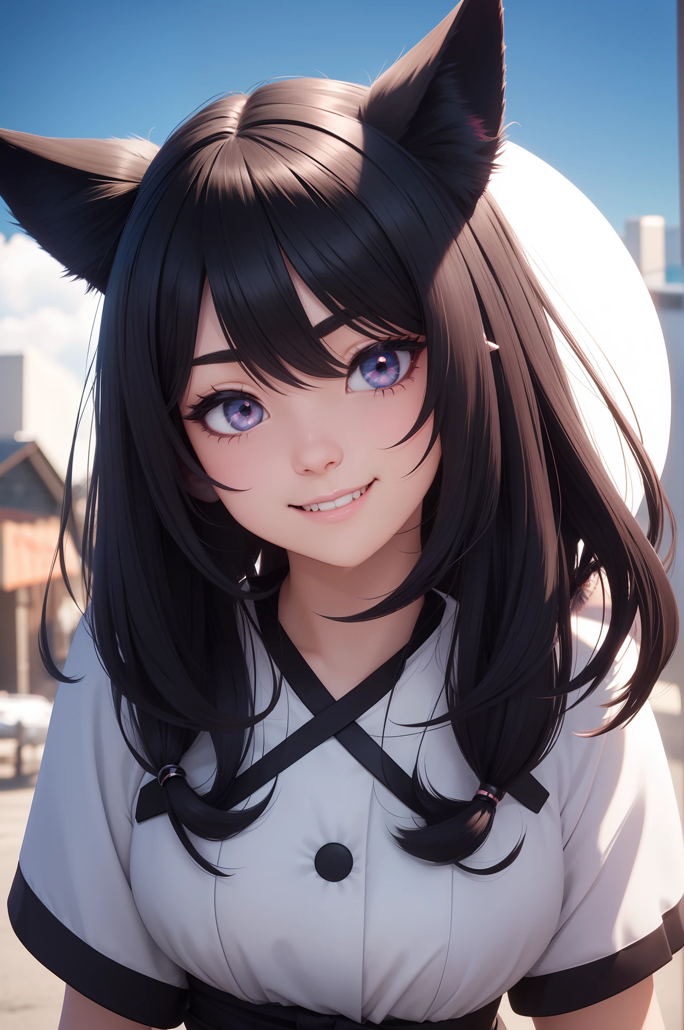 black hair, hair bobbles, wince, longeyelashes, solid circle eyes, fake animal ears, light smile, ear blush, fang, Surrealism, drop shadow, anaglyph, stereogram, tachi-e, pov, atmospheric perspective, 8k, super detail, ccurate, best quality