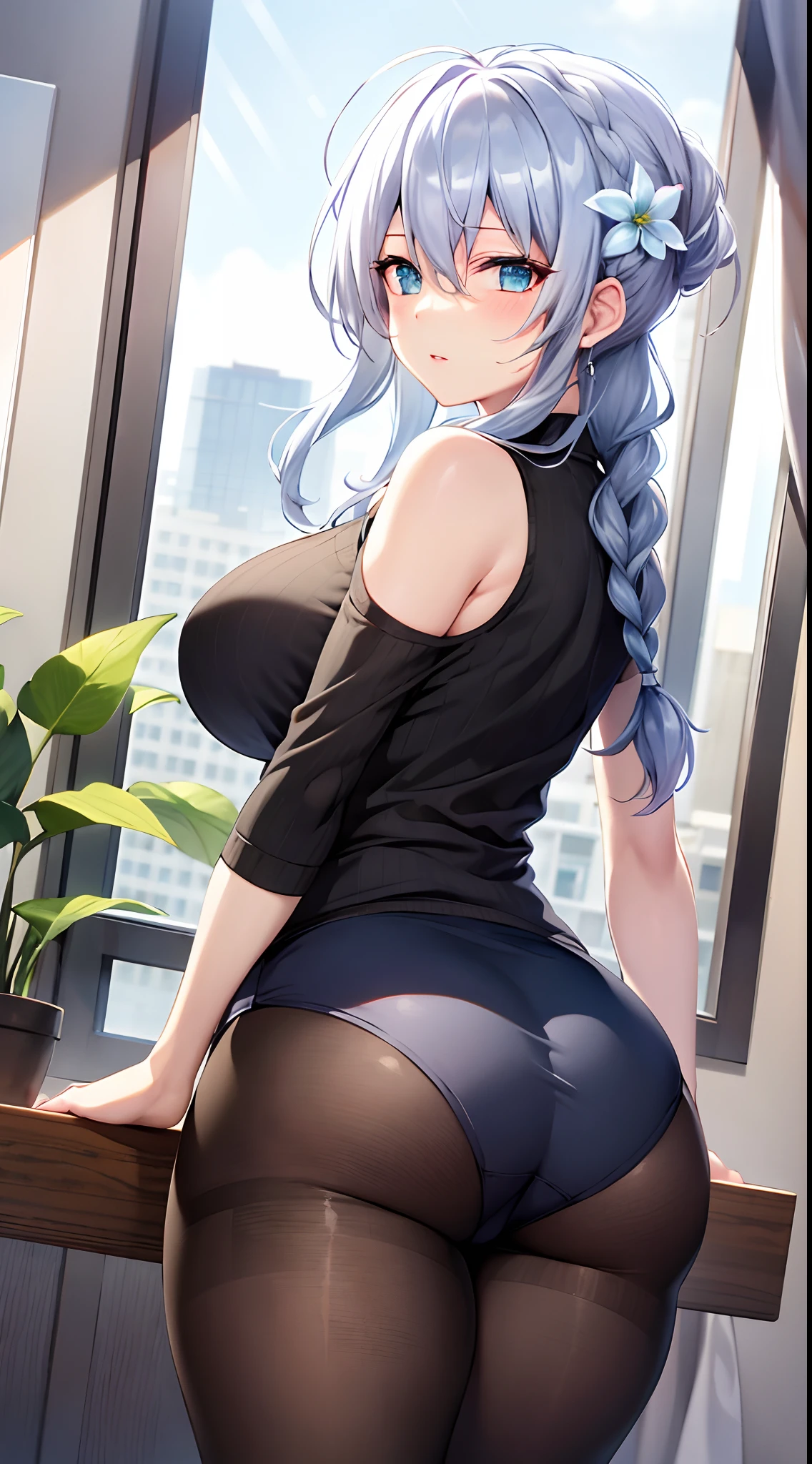masterpiece, ultra-detailed hair, better lights, better shadows,1girl, yukino, breasts, skirt, silver hair, solo, long hair, large breasts, blue eyes, braid, ass, looking at viewer, braided ponytail, hair ornament, sleeveless, hair flower, black skirt, shirt, indoors, flower, looking back, bangs, bare shoulders, pantyhose, from behind, window, thighs, mole under eye, sleeveless shirt, black shirt, blush, bare arms, office lady, very long hair, plant, contemporary, parted lips, miniskirt, single braid, closed mouth, blue flower, pantylines, ribbed shirt,