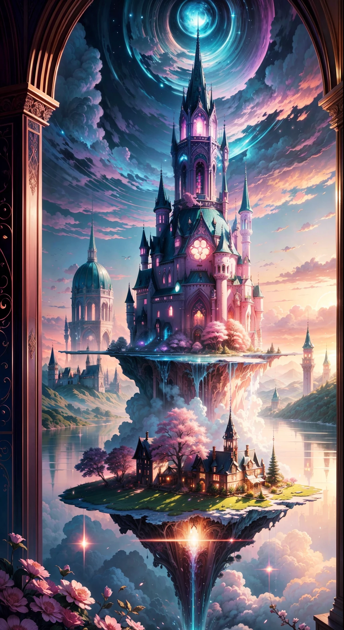 Envision a mesmerizing scene of a magnificent realm of romantic dreams. (((The image is incredibly detailed and complex with intricate details))). The environment is filled with intricate floating islands, fluffy clouds, waterfalls cascading from the floating islands, and a vibrant, surreal atmosphere. The atmosphere is filled with a sense of wonder and tranquility. Include many shades of pink in the image along with other vibrant jewel-toned hues. This scene will be depicted in an anime-style illustration, with soft lines, pastel colors, and a whimsical touch. All buildings are extremely detailed and elegant. The artwork will capture the ethereal beauty and tranquility of the dreamlike realm, creating a sense of harmony and escape from the ordinary world. Include teal water, colorful watercolor skies, glowing elements, and many small fantasy details including iridescence, expertly created majestic landscapes, and shimmer and glimmer. Above all else, this should look like a fantasy artwork.
