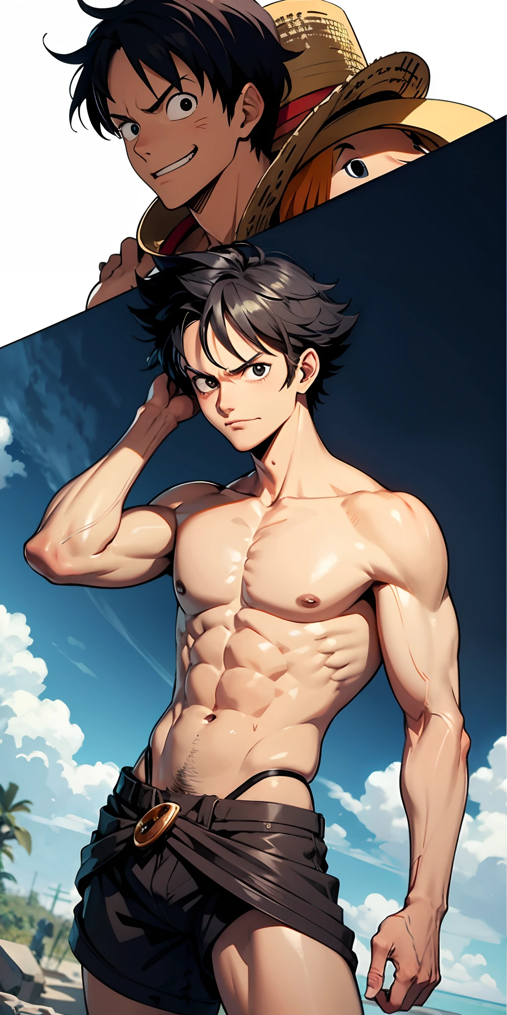 Fusion of luffy from one piece anime and stevem universe from cartoon network animation, corpo masculino, cartoon