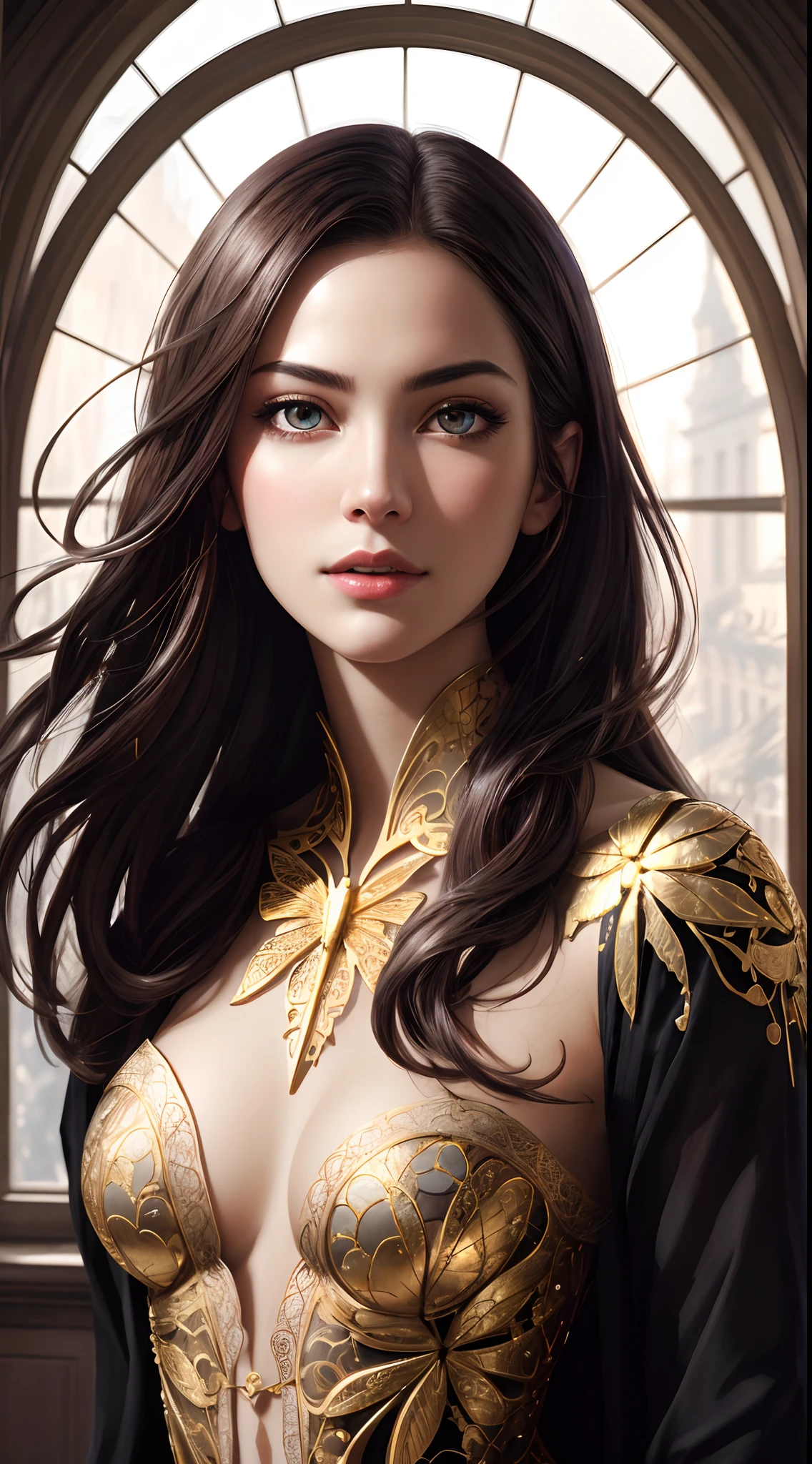 8k portrait of beautiful cyborg with brown hair, intricate, elegant, highly detailed, majestic, digital photography, art by artgerm and ruan jia and greg rutkowski surreal painting gold butterfly filigree, broken glass, (masterpiece, sidelighting, finely detailed beautiful eyes: 1.2), hdr, (detailed background window to a new dimension, plants and flowers:0.7) infinity, infinite symbol,